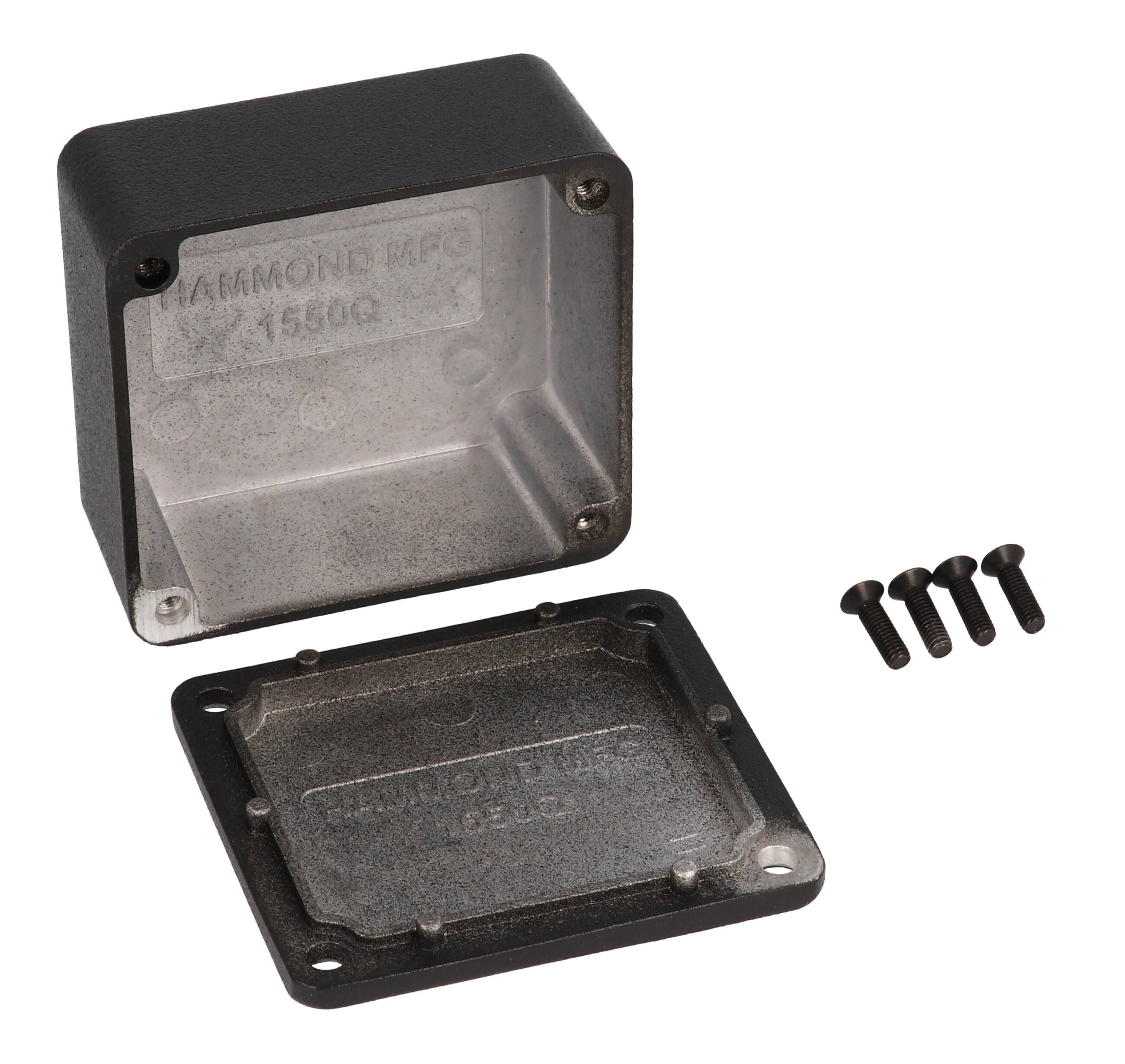 1550QBK black diecast aluminum enclosure, 60 x 55 x 30 mm, with screw-down lid