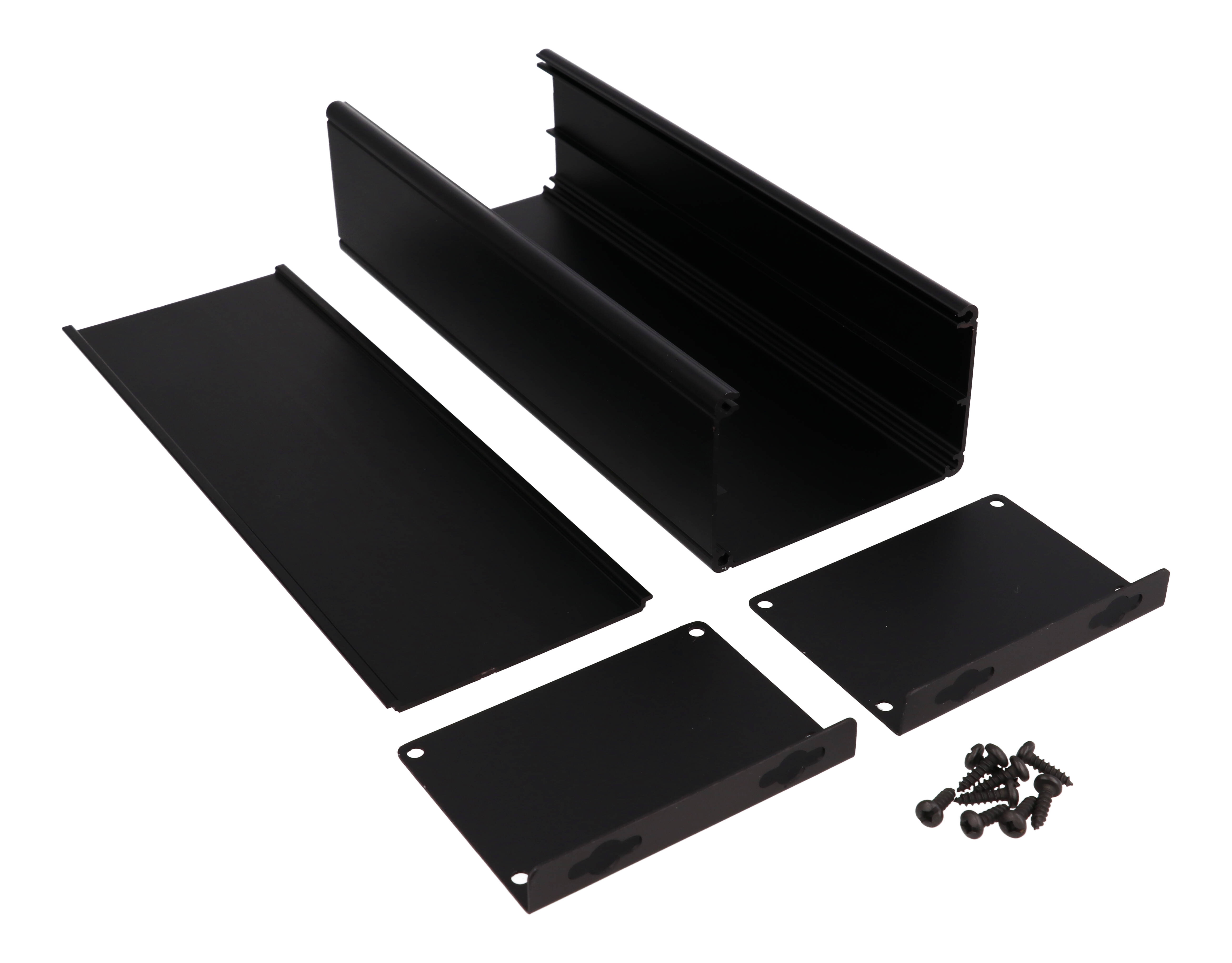 1455ZT2201BK black anodized wallmount extruded aluminum enclosure, 220 x 89 x 56 mm, with keyhole mounting brackets