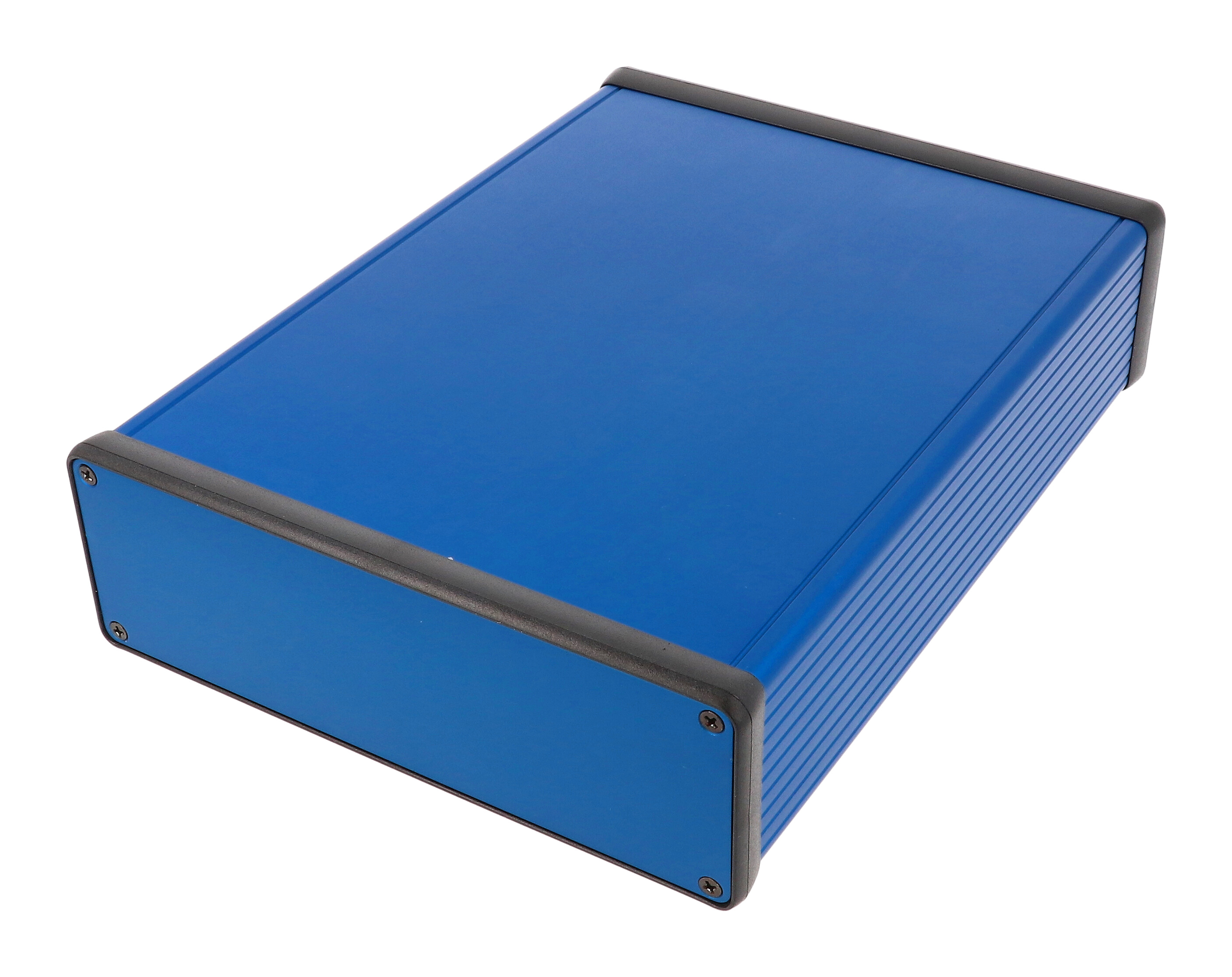 1455T2201BU — blue extruded aluminum enclosure w/ metal end panels
