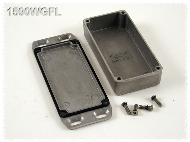 1590WGFL natural aluminum IP65 watertight diecast enclosure, 100 x 50 x 25 mm, with flanged lid