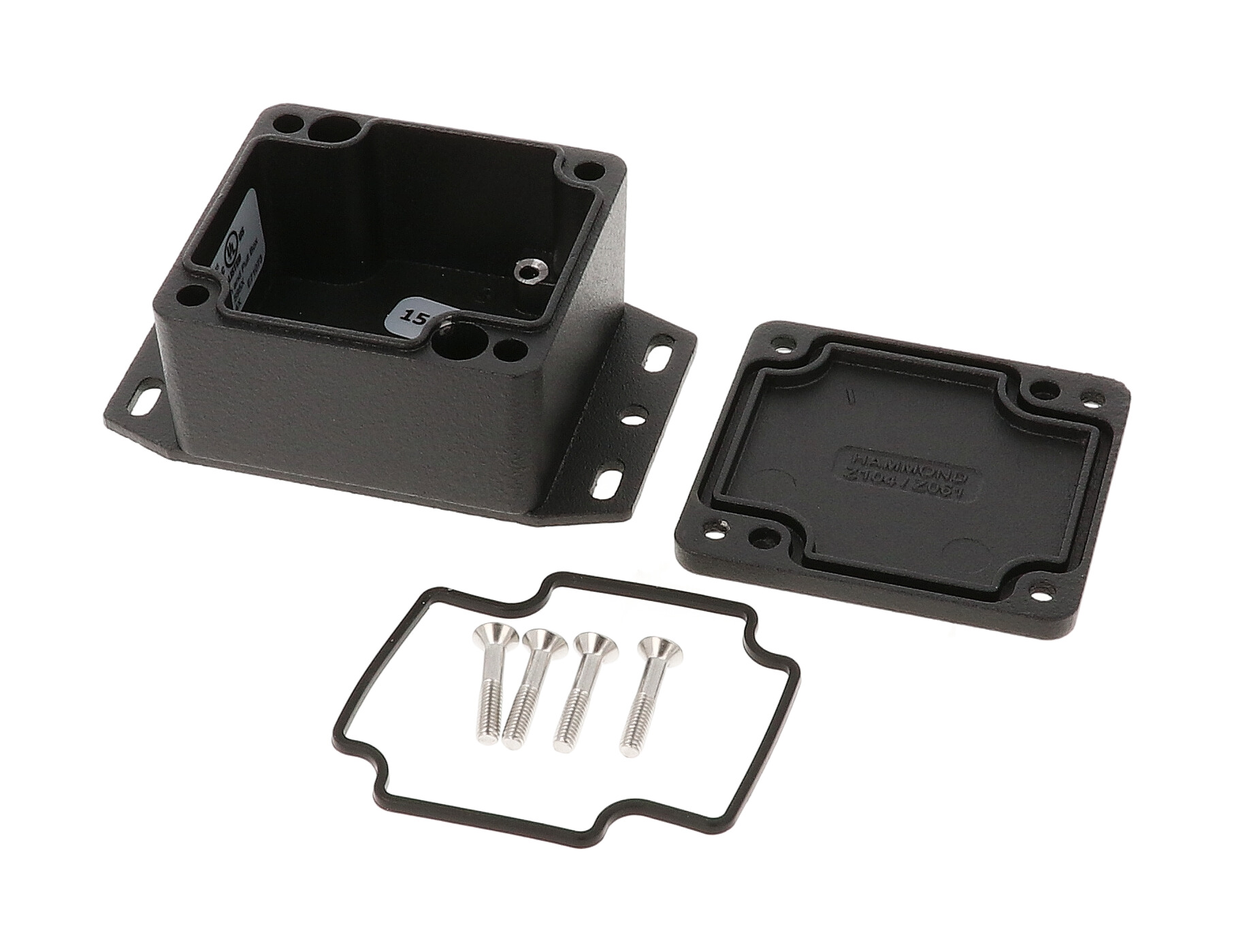 1550Z104FBK textured black watertight diecast enclosure with flanged base and screw-down lid, 91x58x38 mm