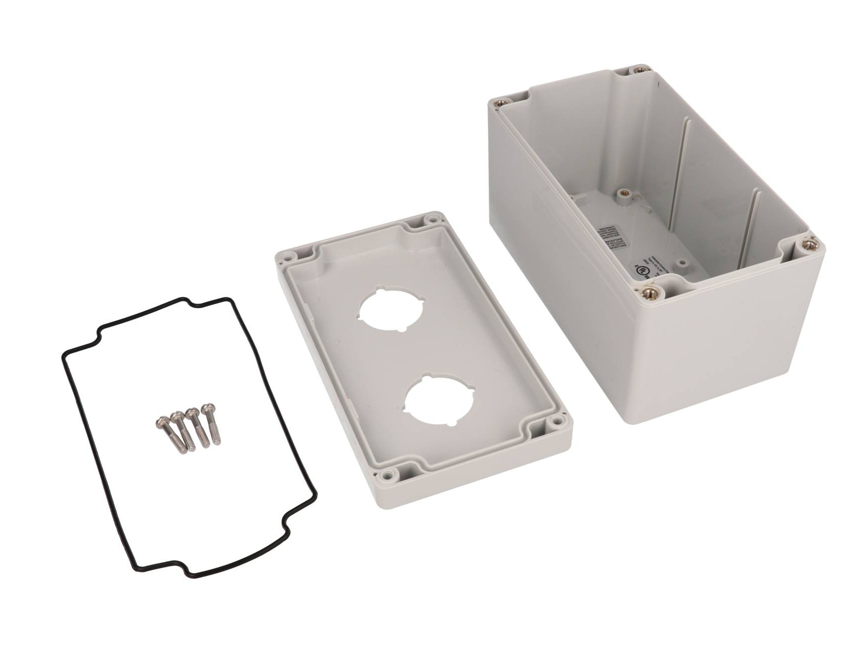 1554PB2D deep light gray polycarbonate enclosure with two 30.5mm pushbutton holes