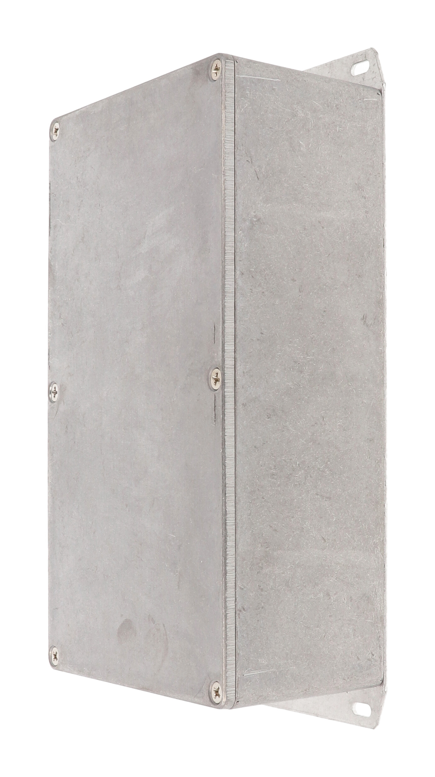 1590R1F natural aluminum diecast aluminum enclosure with welded flanged bottom plate, 192 x 112 x 61 mm