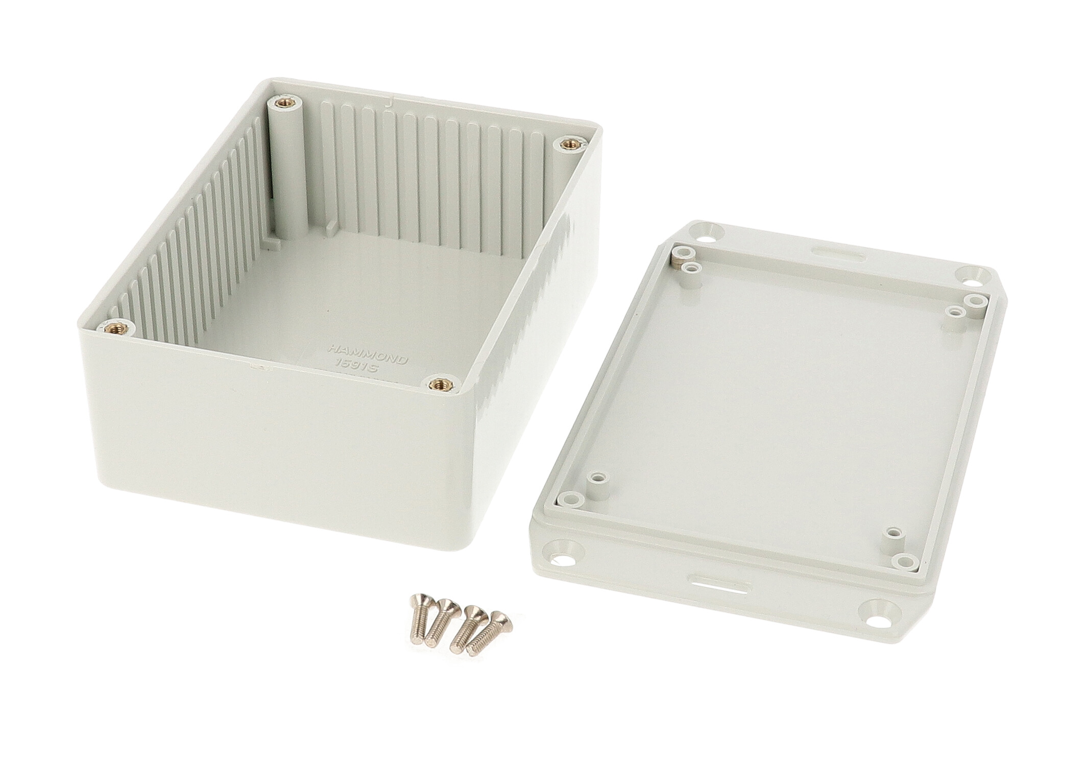 1591SFLGY light gray ABS plastic enclosure with wall mounting flanged lid, 110 x 82 x 44 mm