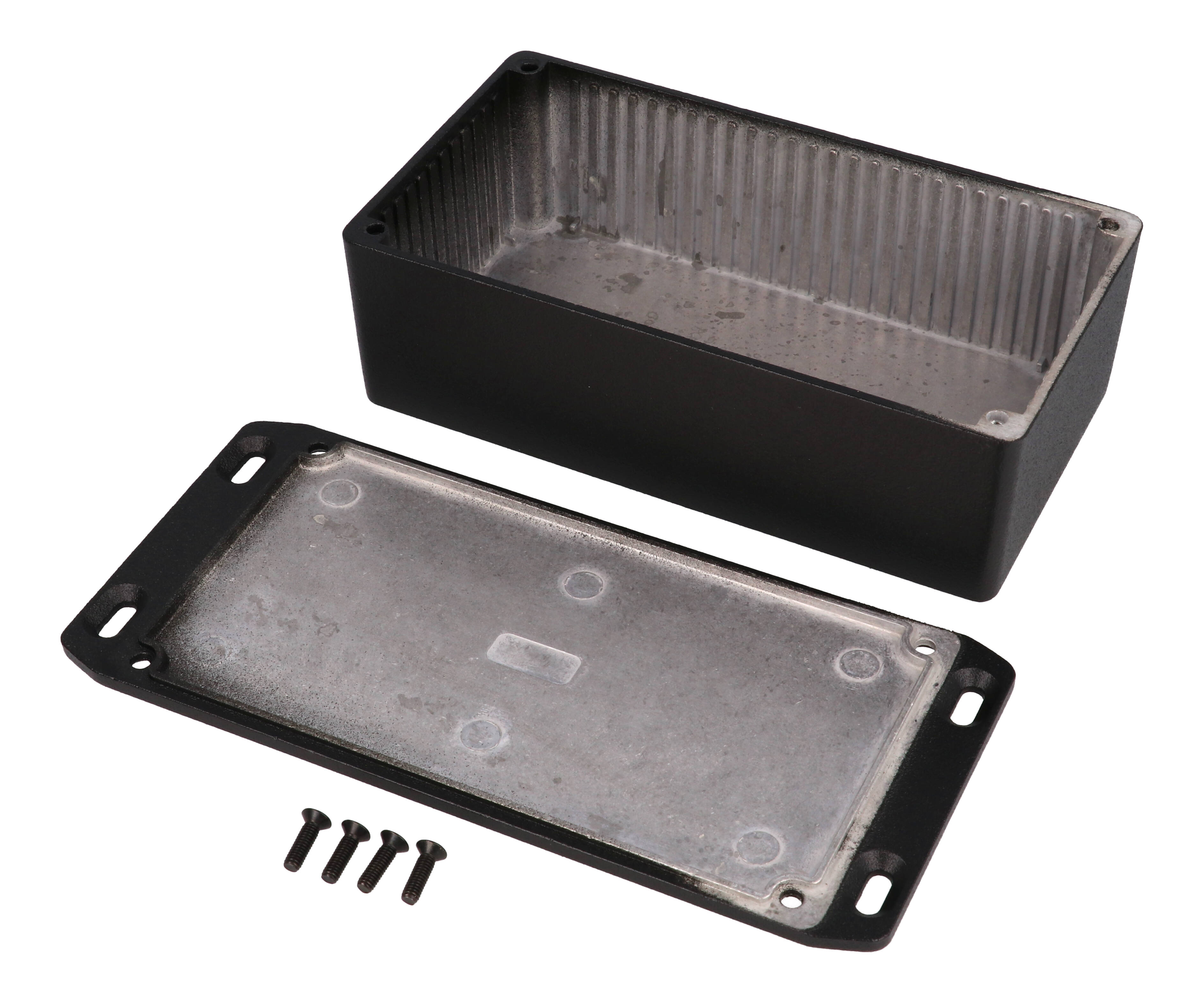 1590PFLBK black diecast aluminum enclosure with flanged lid