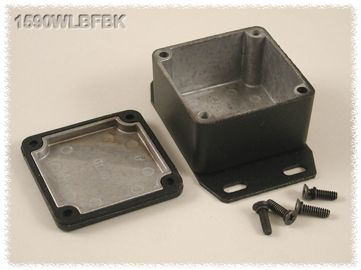 1590WLBFBK black watertight diecast aluminum enclosure with flanged bottom plate