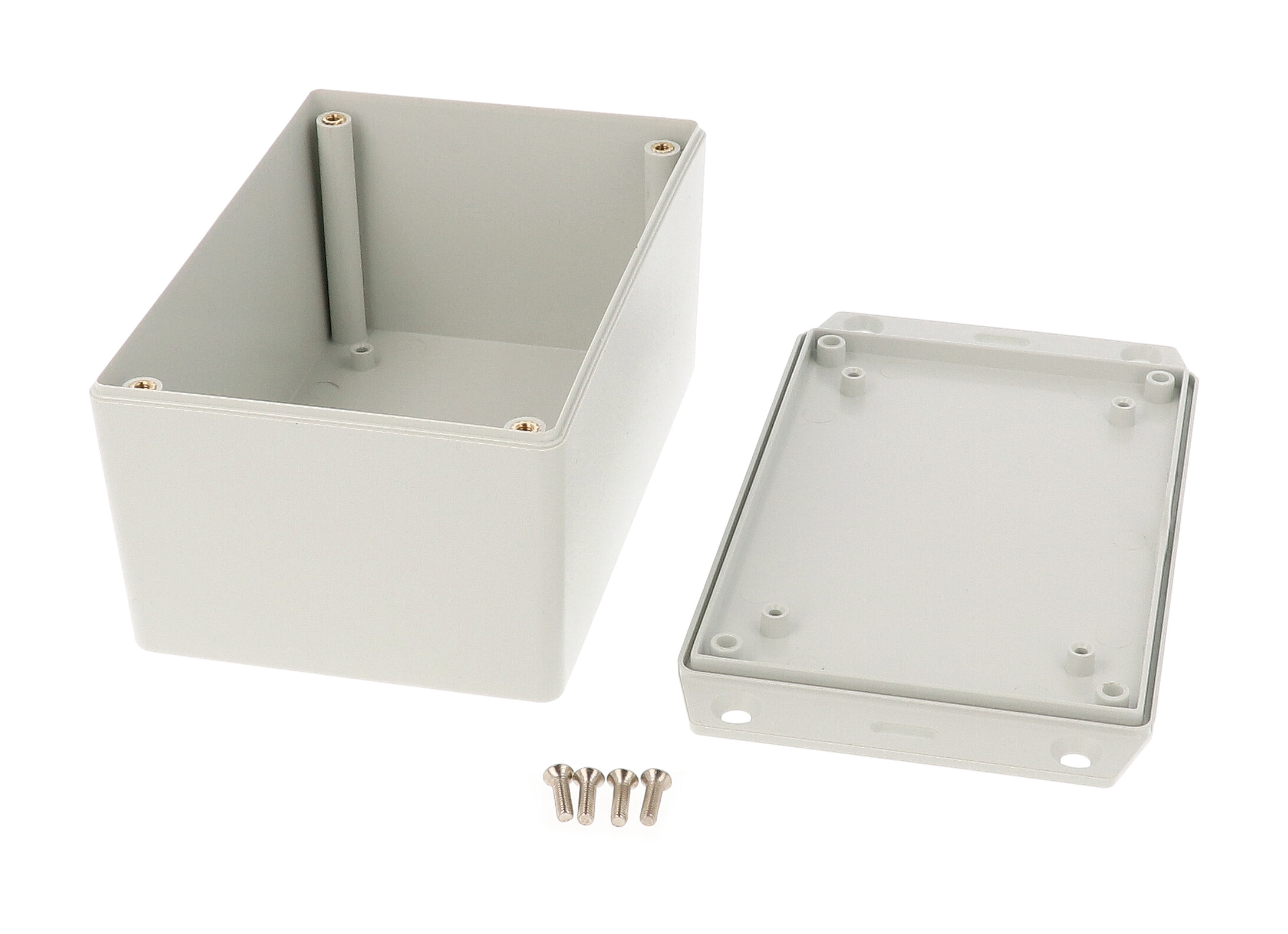 1591XXTFLGY light gray ABS plastic flanged-lid enclosure with PC board standoffs, 123 x 83 x 59 mm