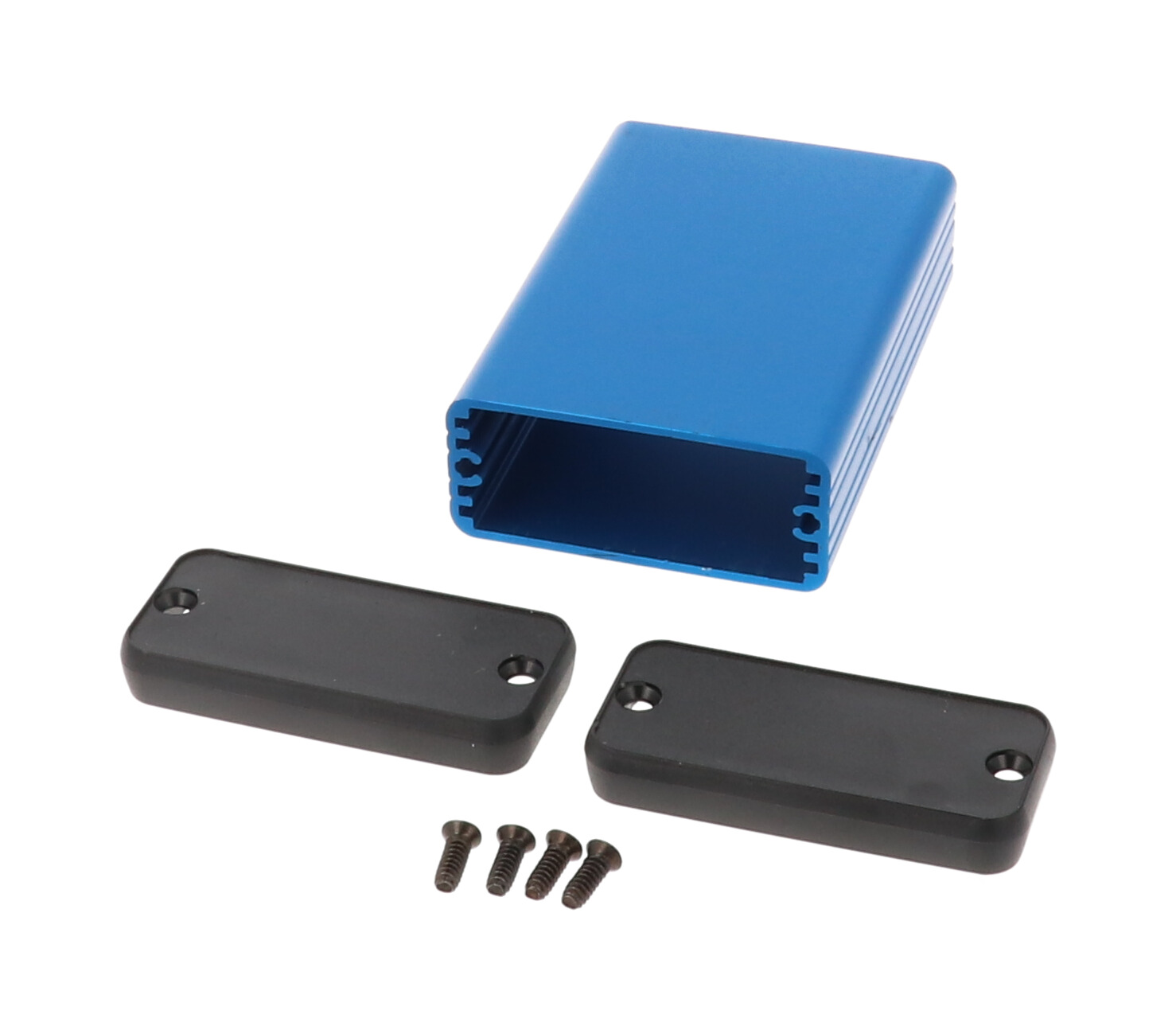 1455C802BU blue anodized extruded aluminum PC board enclosure, 80 x 54 x 23 mm, with plastic end panels