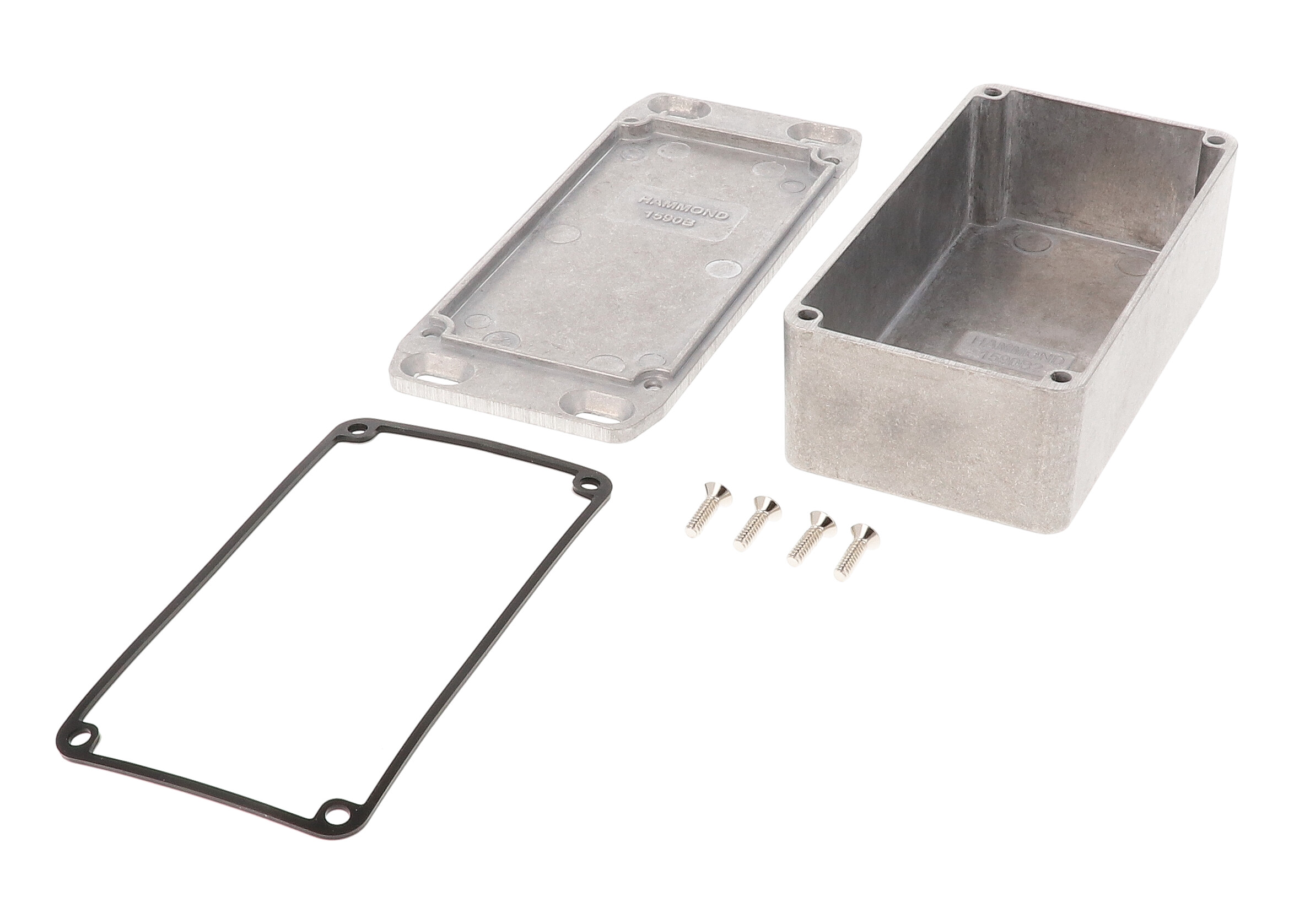 1590WB2FL natural aluminum IP65 watertight diecast enclosure, 112 x 61 x 38 mm, wall-mounting flanged lid