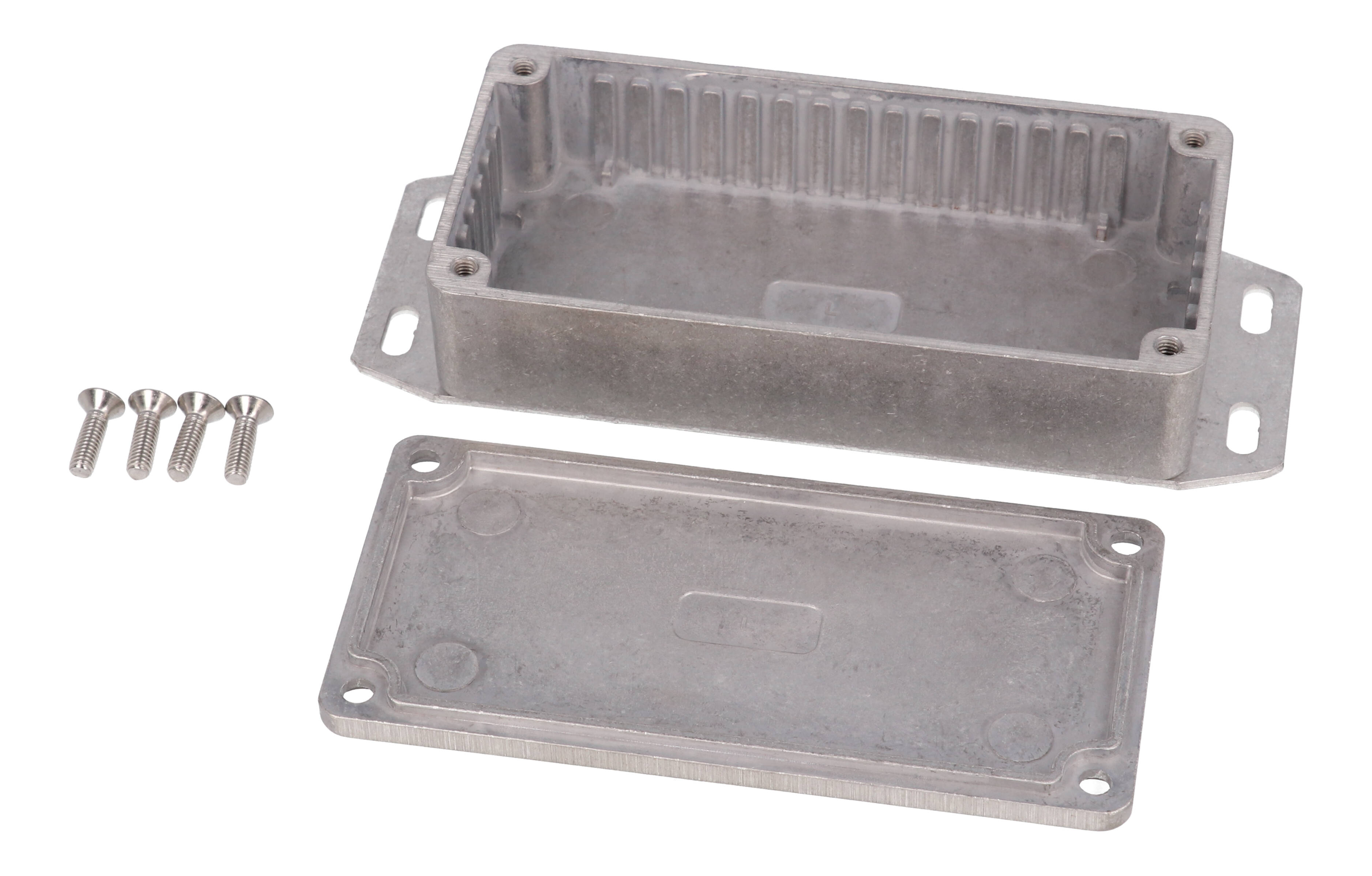 1590LF natural diecast aluminum enclosure with flanged bottom plate