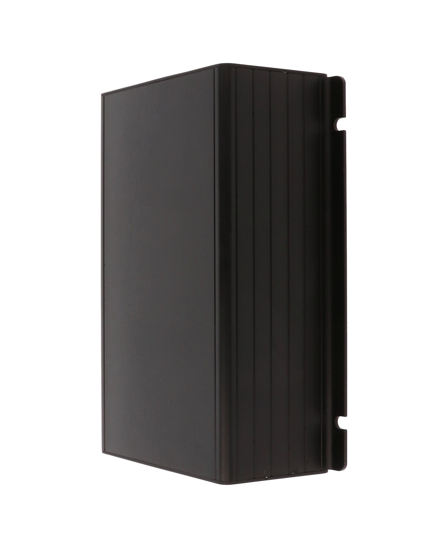 1455NF1601BK black anodized extruded aluminum enclosure with integrated slotted mounting flanges