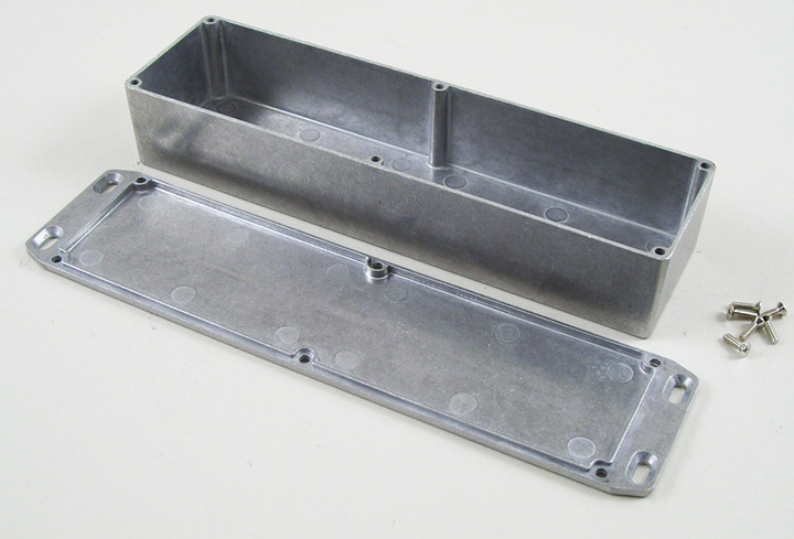 1590BXFL natural diecast aluminum enclosure with wall-mounting flanged lid, 254 x 70 x 50 mm
