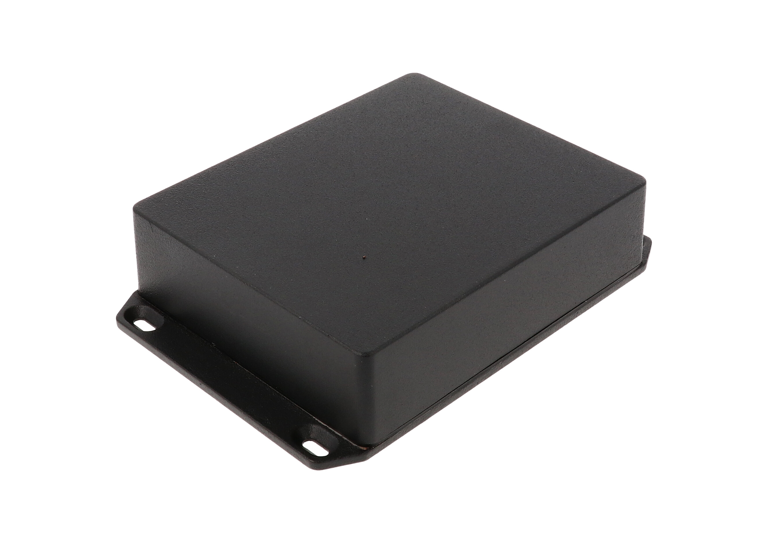 1590WXXFLBK black textured watertight diecast aluminum enclosure with flanged mounting lid, 145 mm x 121 mm x 39 mm