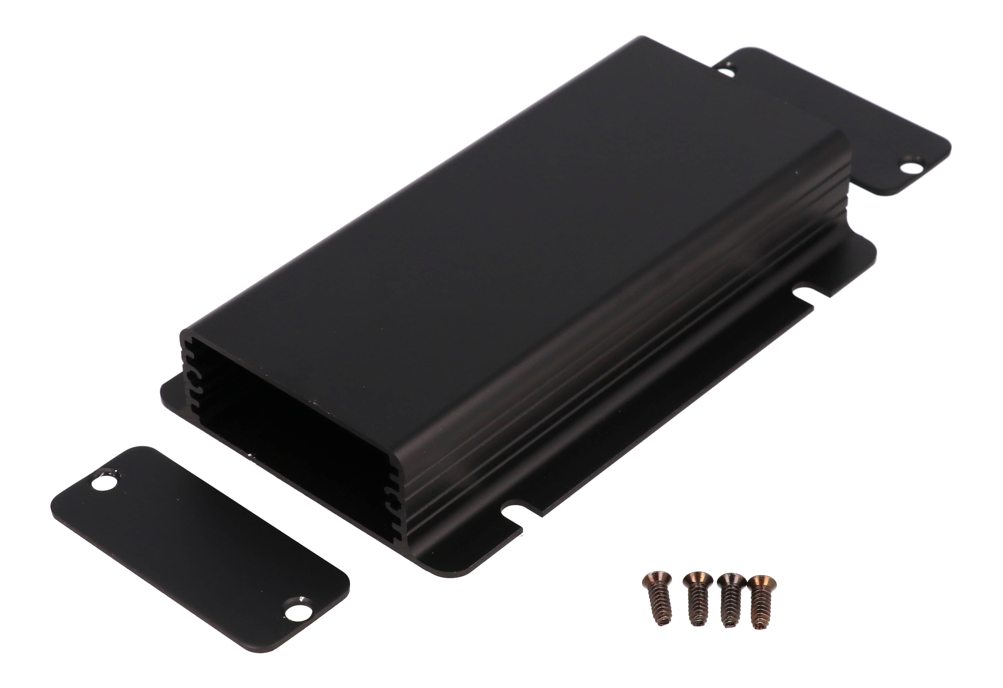 1455CF1201BK black anodized extruded aluminum enclosure with integrated slotted mounting flanges