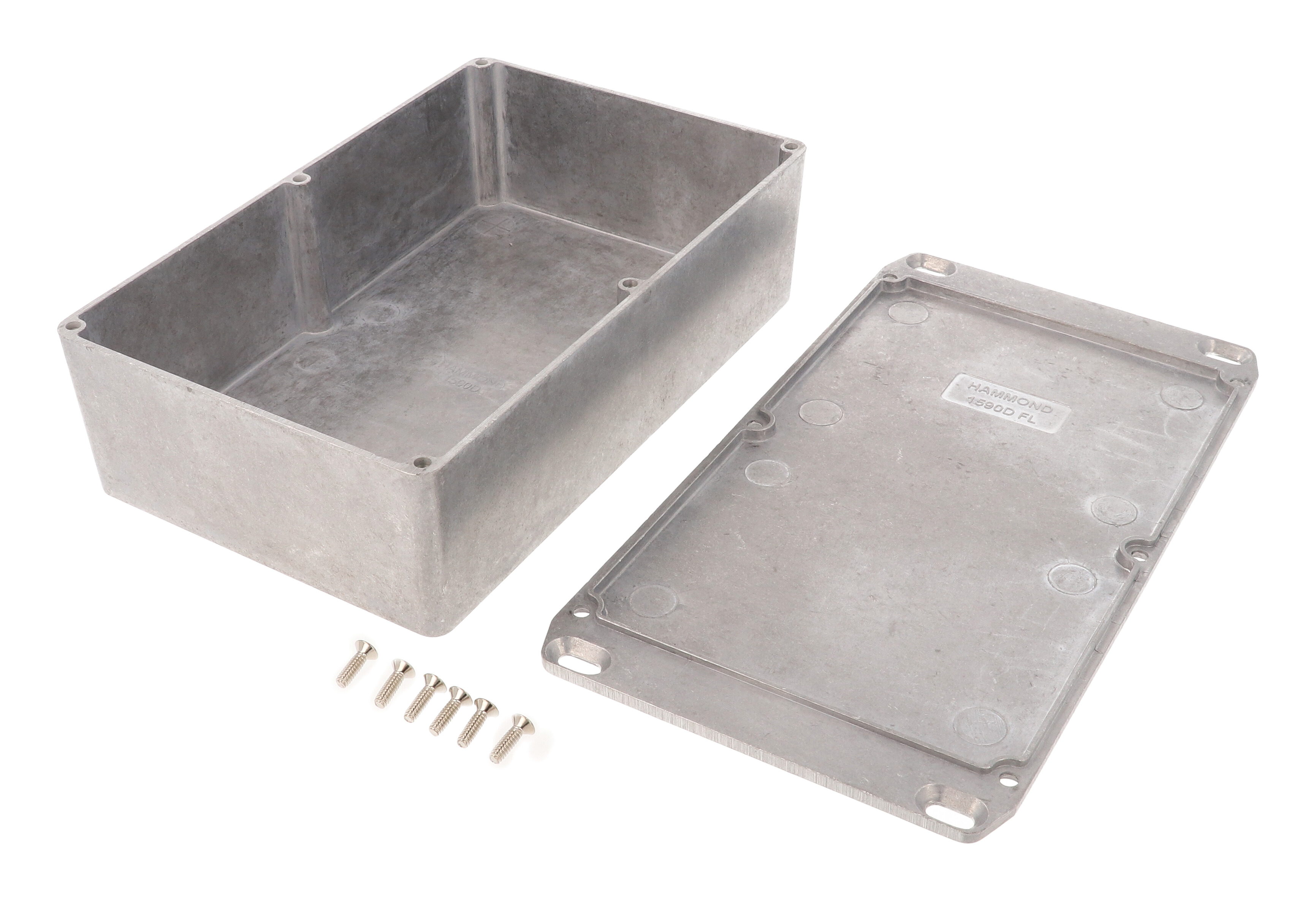 1590DFL natural diecast aluminum enclosure with wall-mounting flange integrated into the lid