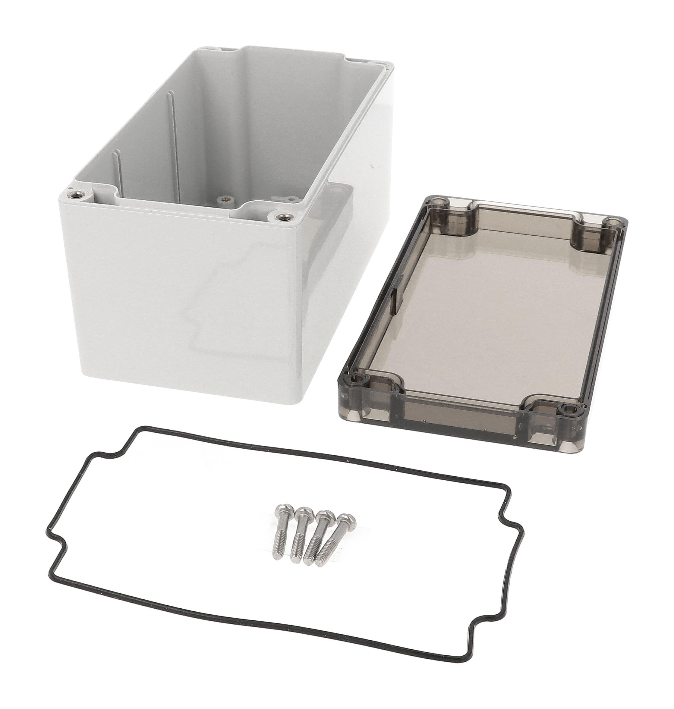 1554K2GYSL gray polycarbonate enclosure with smoked lid, 160 x 89 x 89 mm
