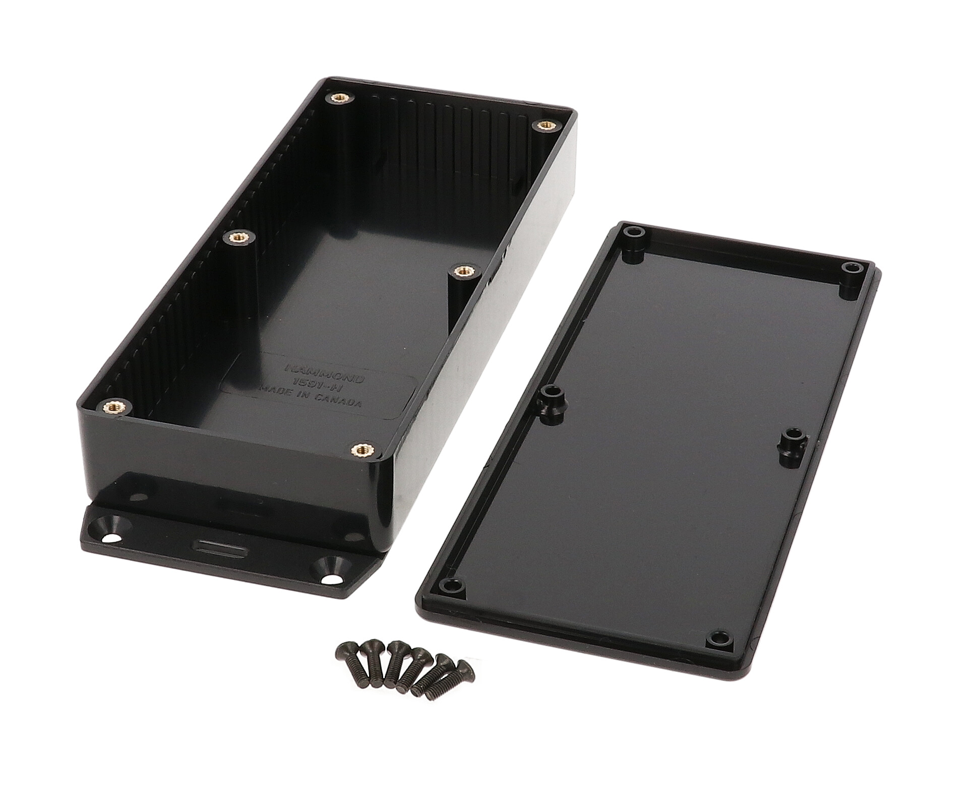 1591HF2BK black flame retardant ABS enclosure with bottom mounting flange