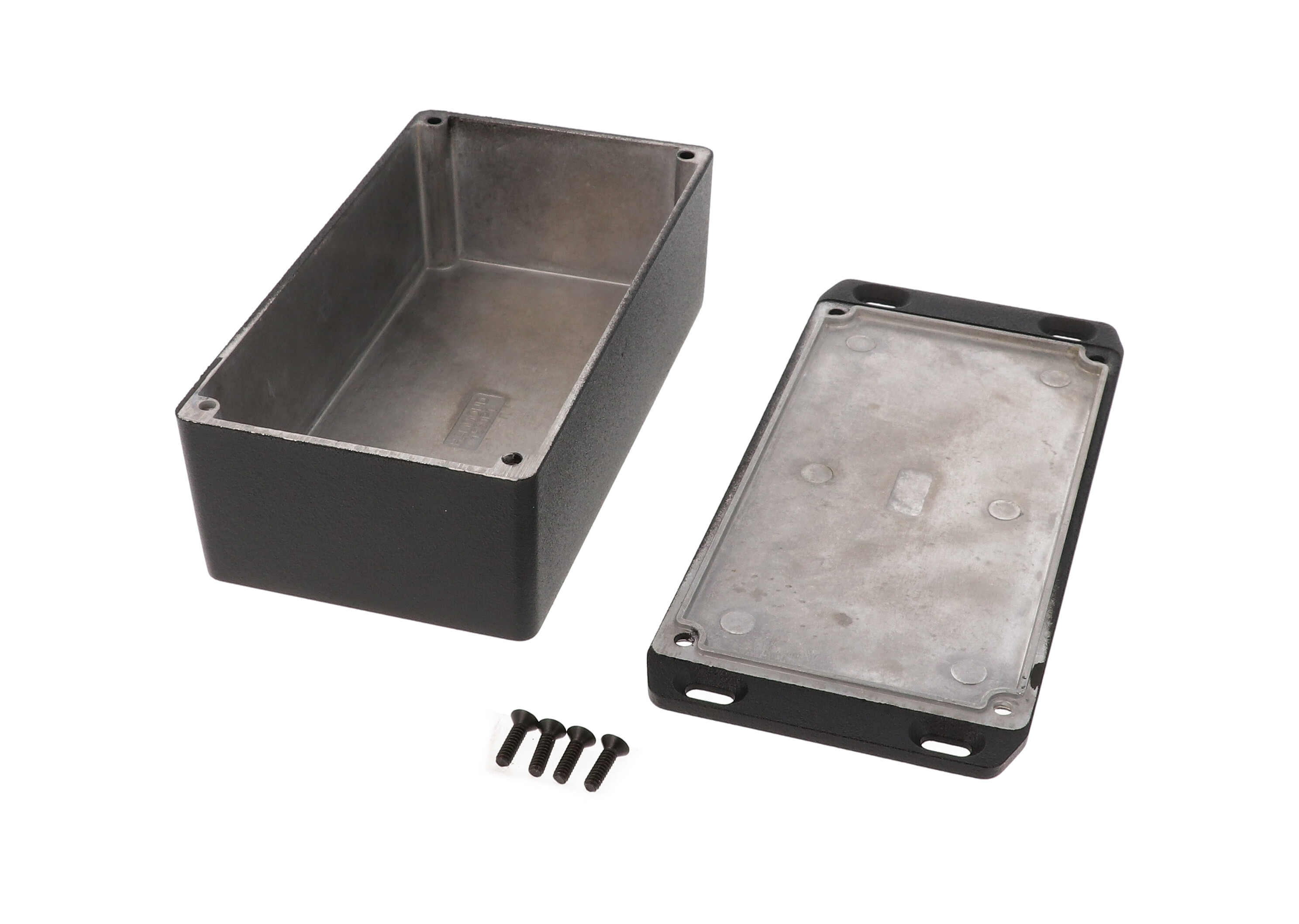 1590P1FLBK black textured 153 x 83 x 50 mm diecast aluminum enclosure with wall-mounting flanged lid