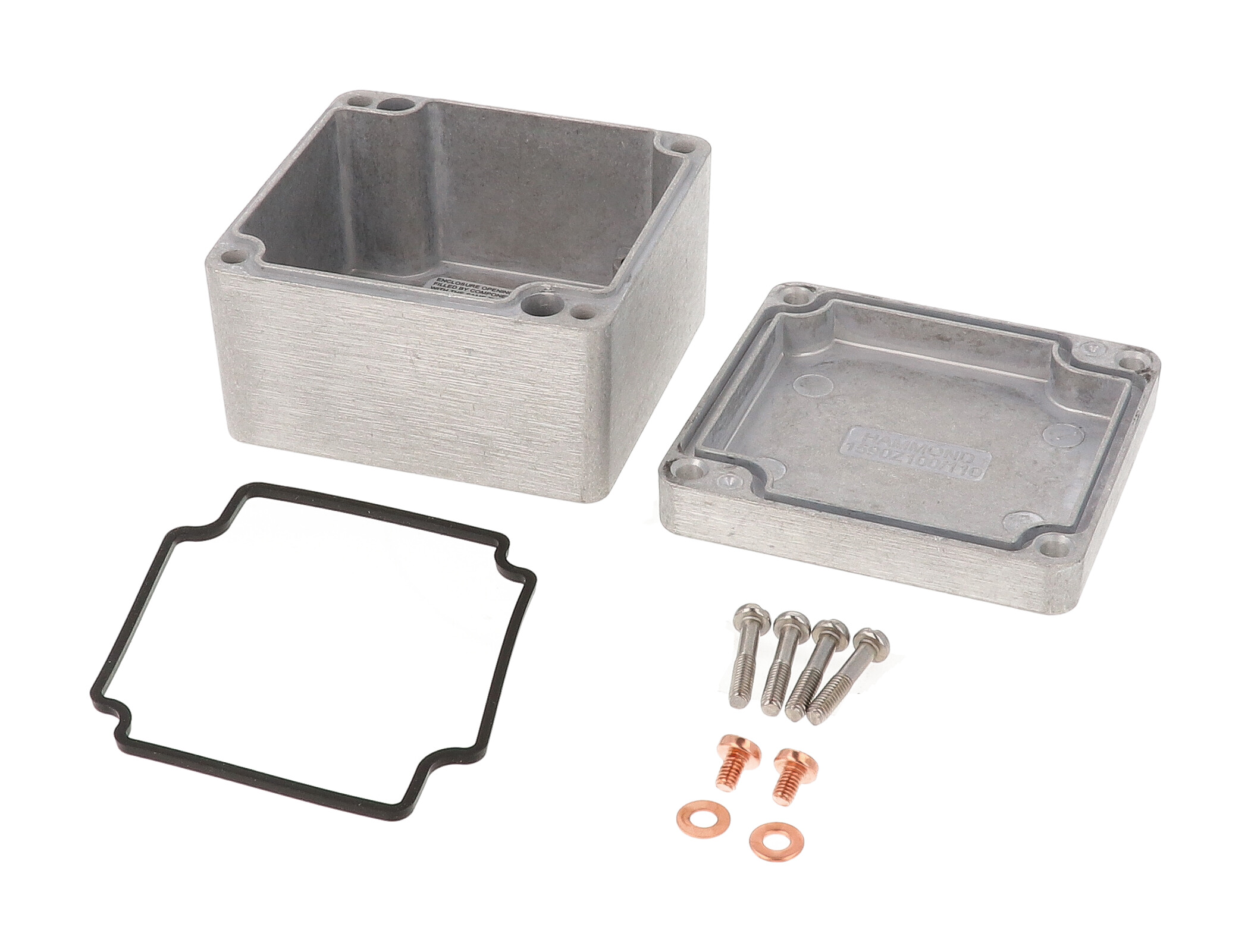 1590Z110 natural (unfinished) aluminum 80 x 75 x 52 mm diecast aluminum enclosure without internal shelf, lid with four recessed screws