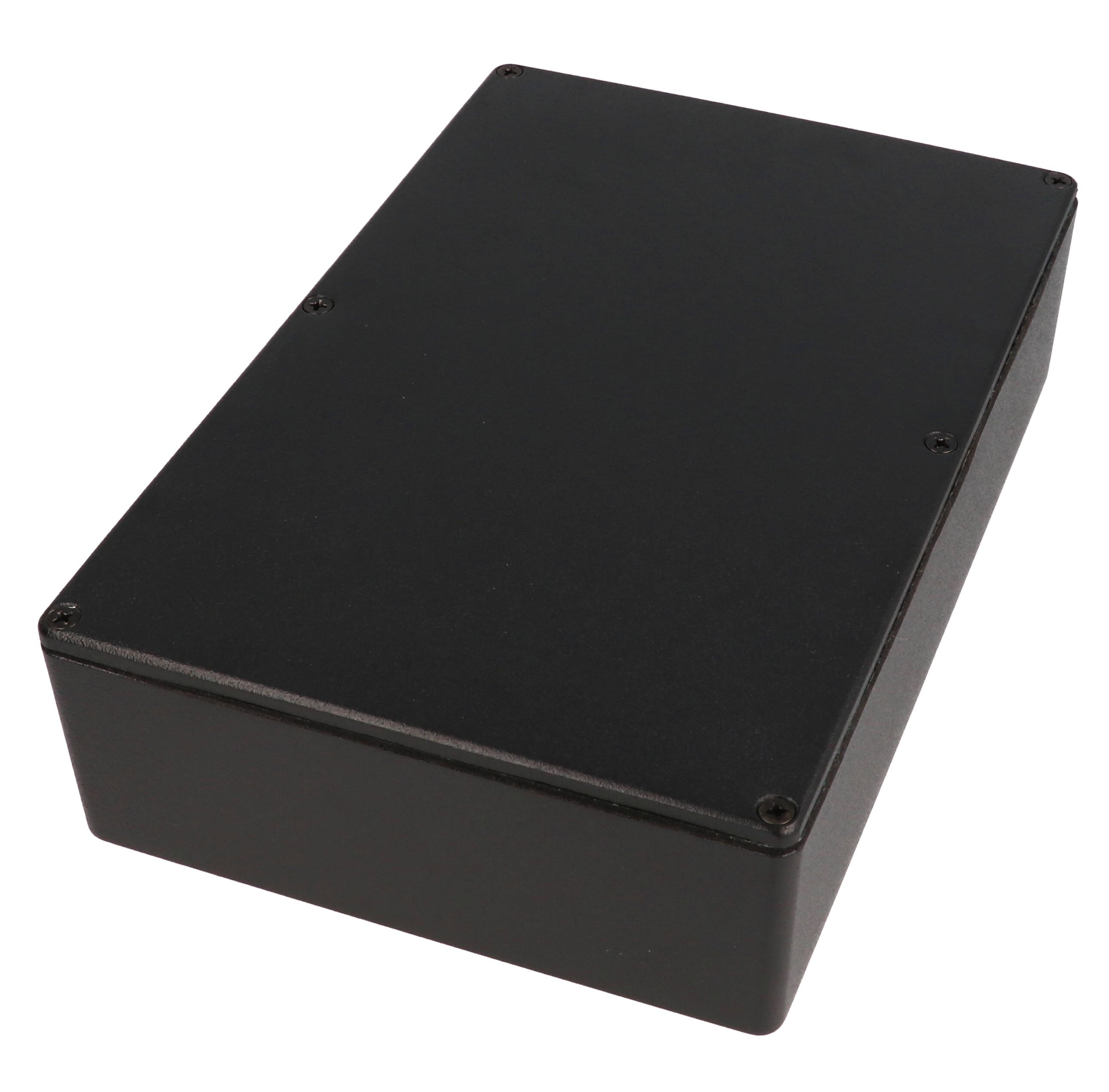 1550WGBK black watertight diecast aluminum enclosure, 222 x 146 x 55 mm, with screw-down lid