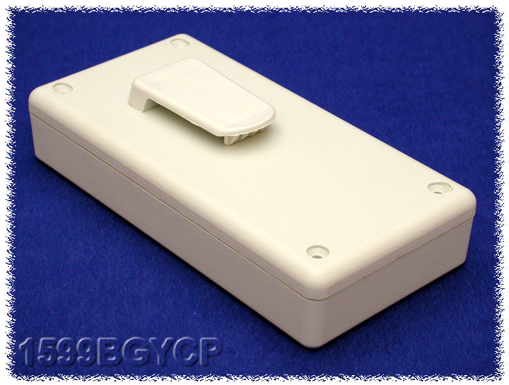 1599BGYBATCP light grey handheld enclosure with battery door and installed belt clip