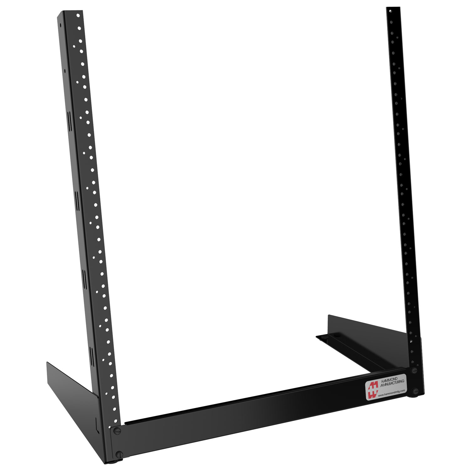 Hammond HDR16UBK 16U black steel desktop 2-post open frame rack with tapped 10-32 19-inch rails angled at 10 degrees — view 3