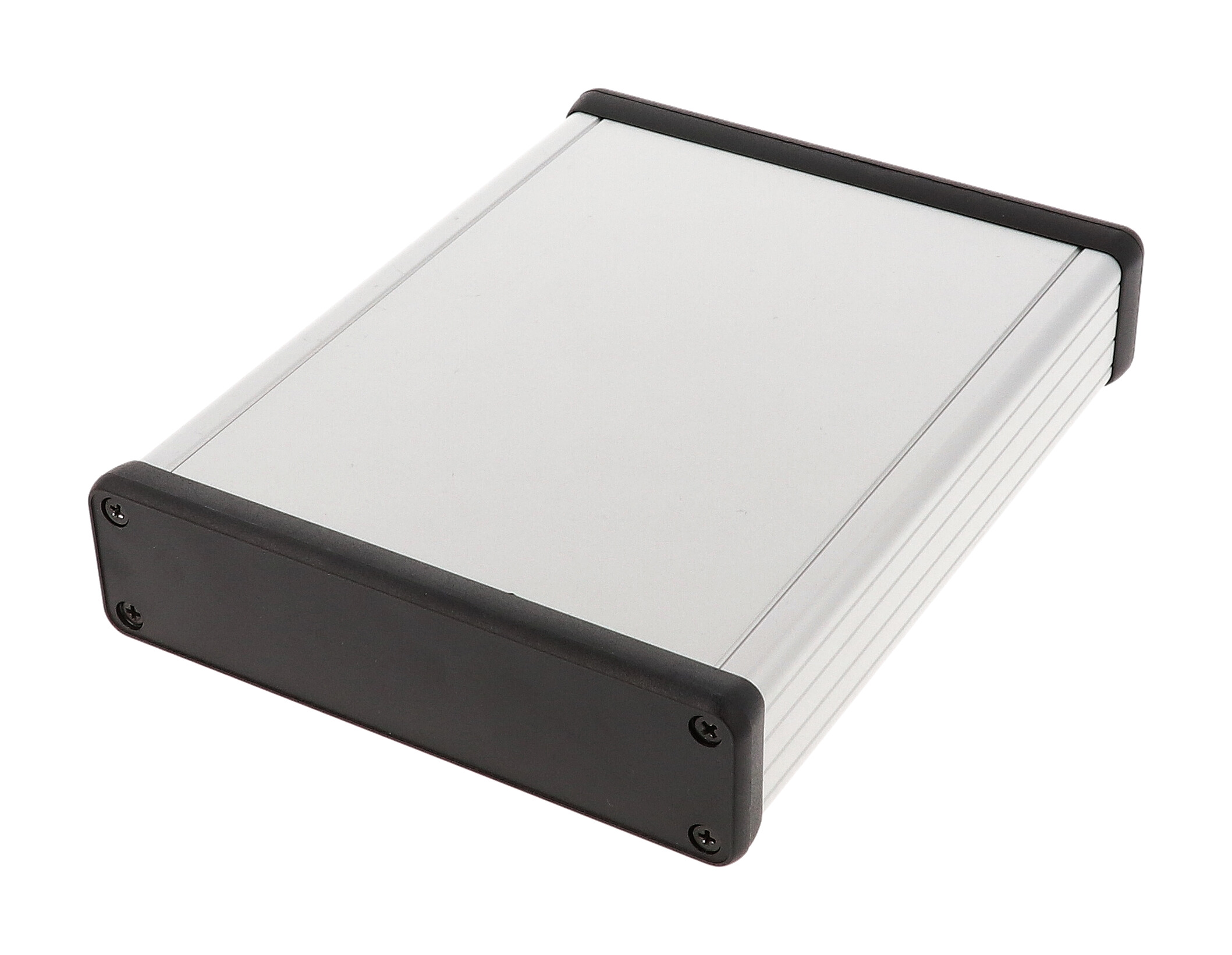 1455P1602 clear anodized extruded aluminum PC board enclosure, 160 x 125 x 30.5 mm, with closed black plastic end panels