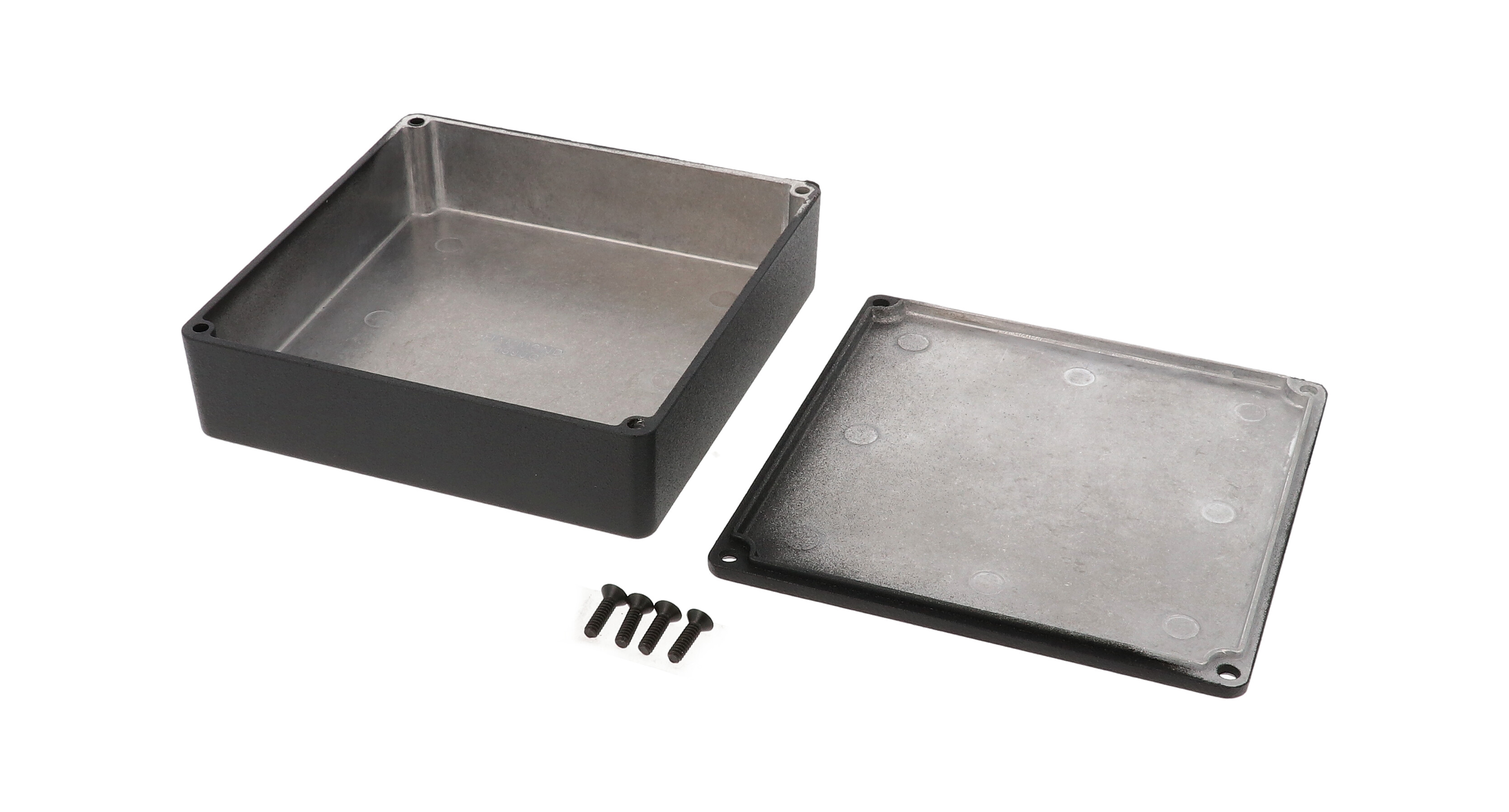 1590QBK black square diecast aluminum enclosure, 120 x 120 x 34 mm, with lid and cover screws