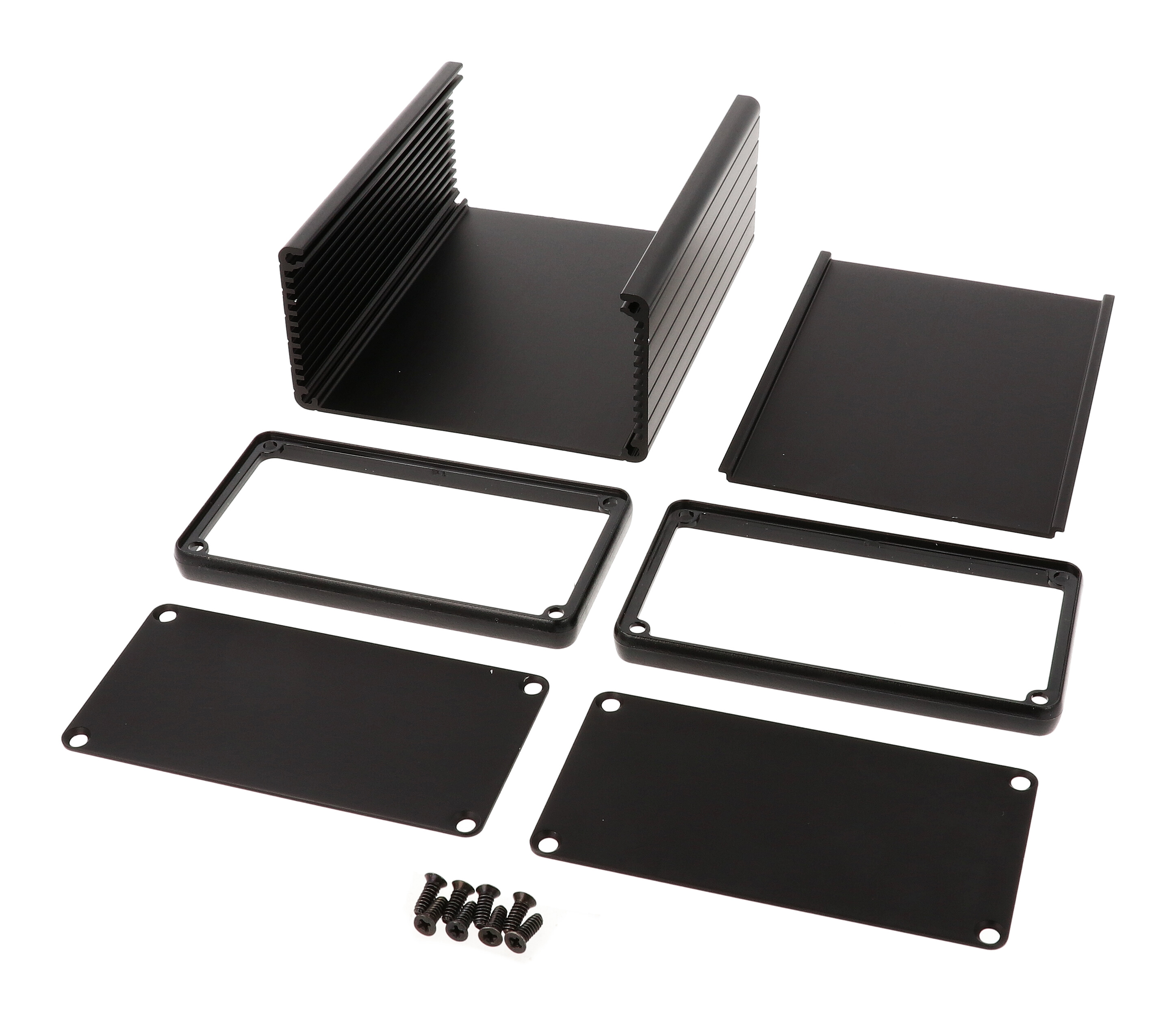 1455N1201BK black anodized extruded aluminum enclosure, 120 x 103 x 53 mm, with metal end panels