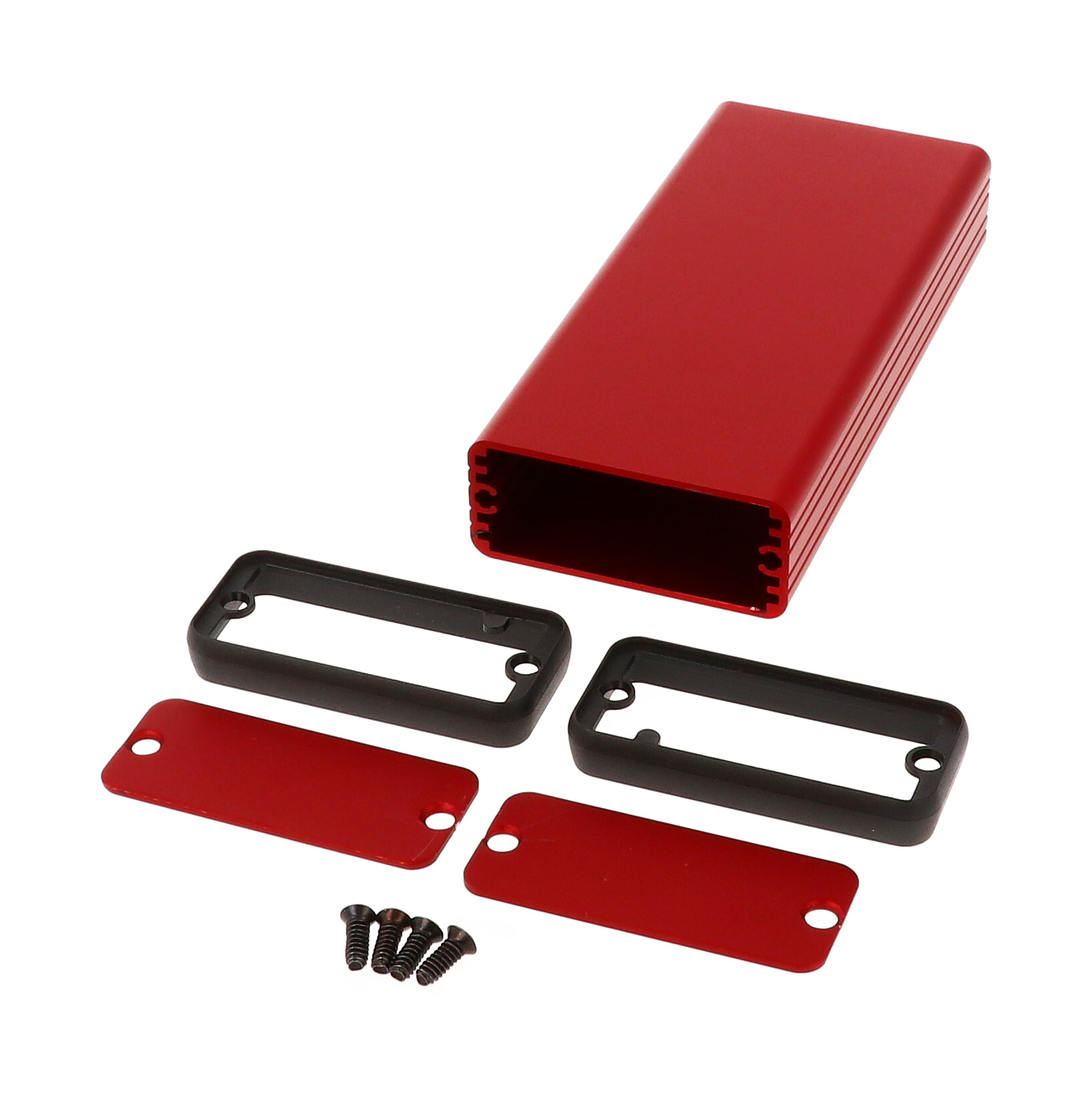 1455C1201RD red anodized extruded aluminum PC board enclosure, 120 x 54 x 23 mm, with metal end panels