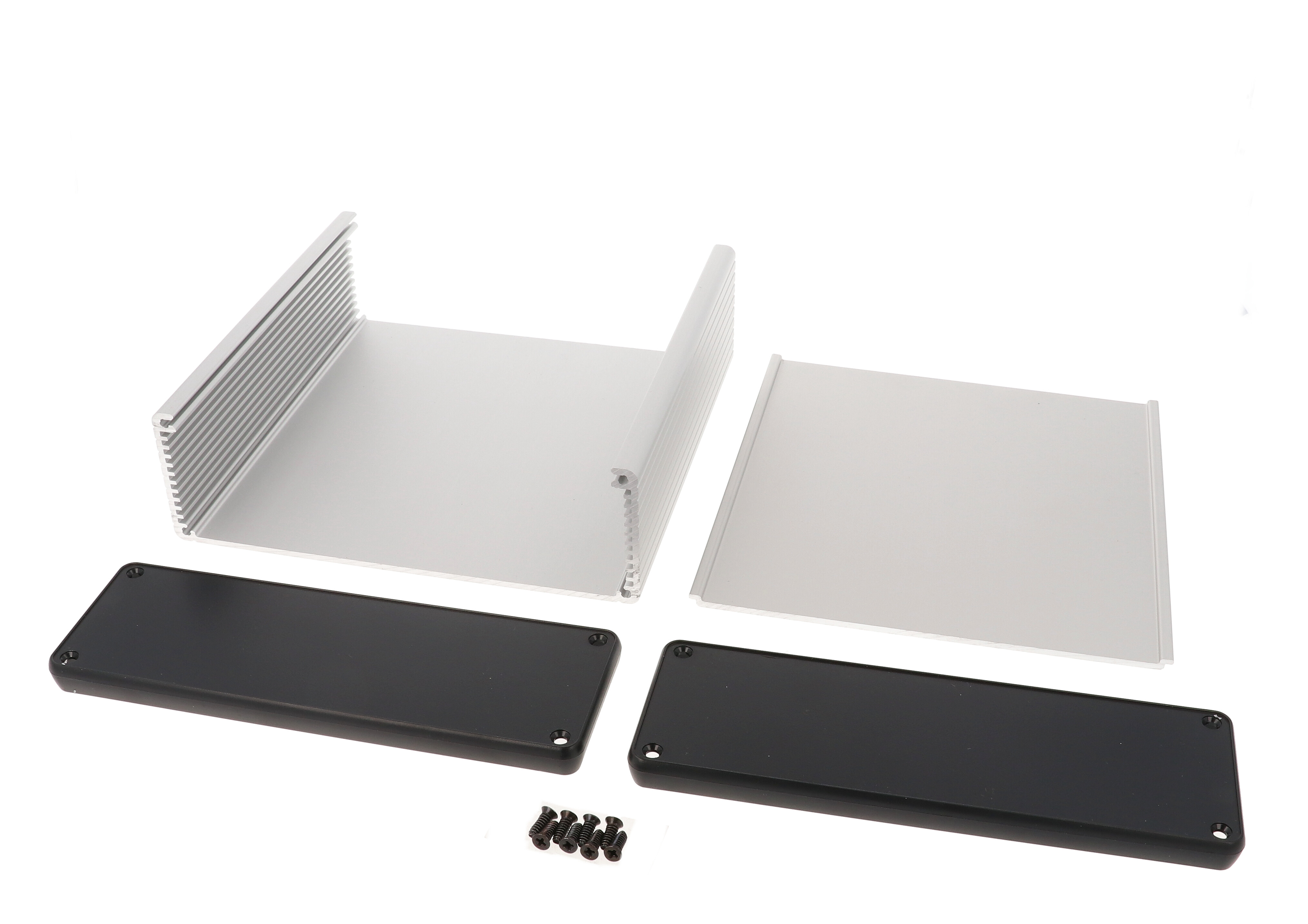 1455T1602 clear anodized extruded aluminum PC board enclosure with black plastic end panels