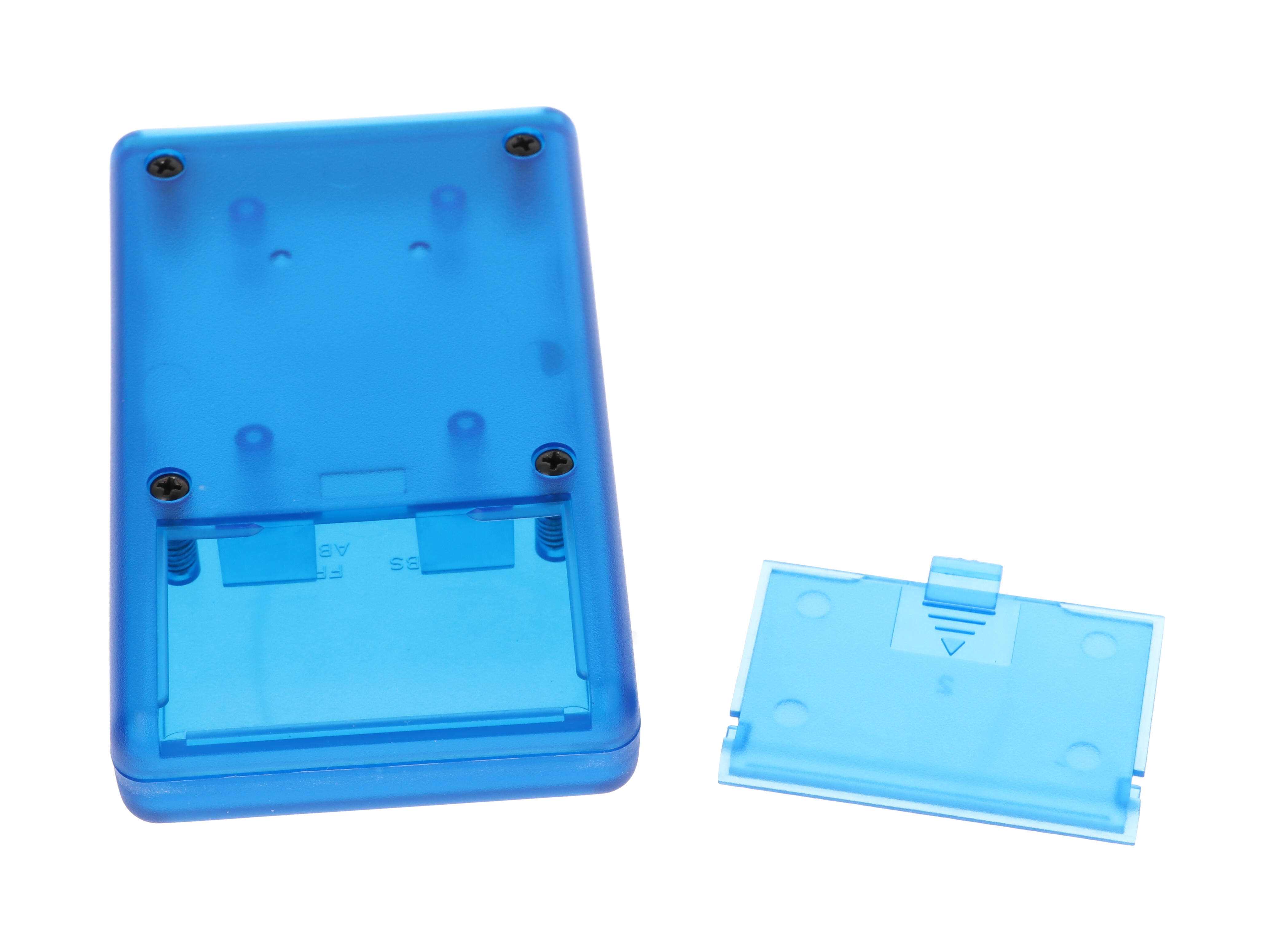 1593TALTBU translucent blue ABS hand held instrument enclosure, 112 x 66.5 x 21 mm, with aluminum end panel and battery door