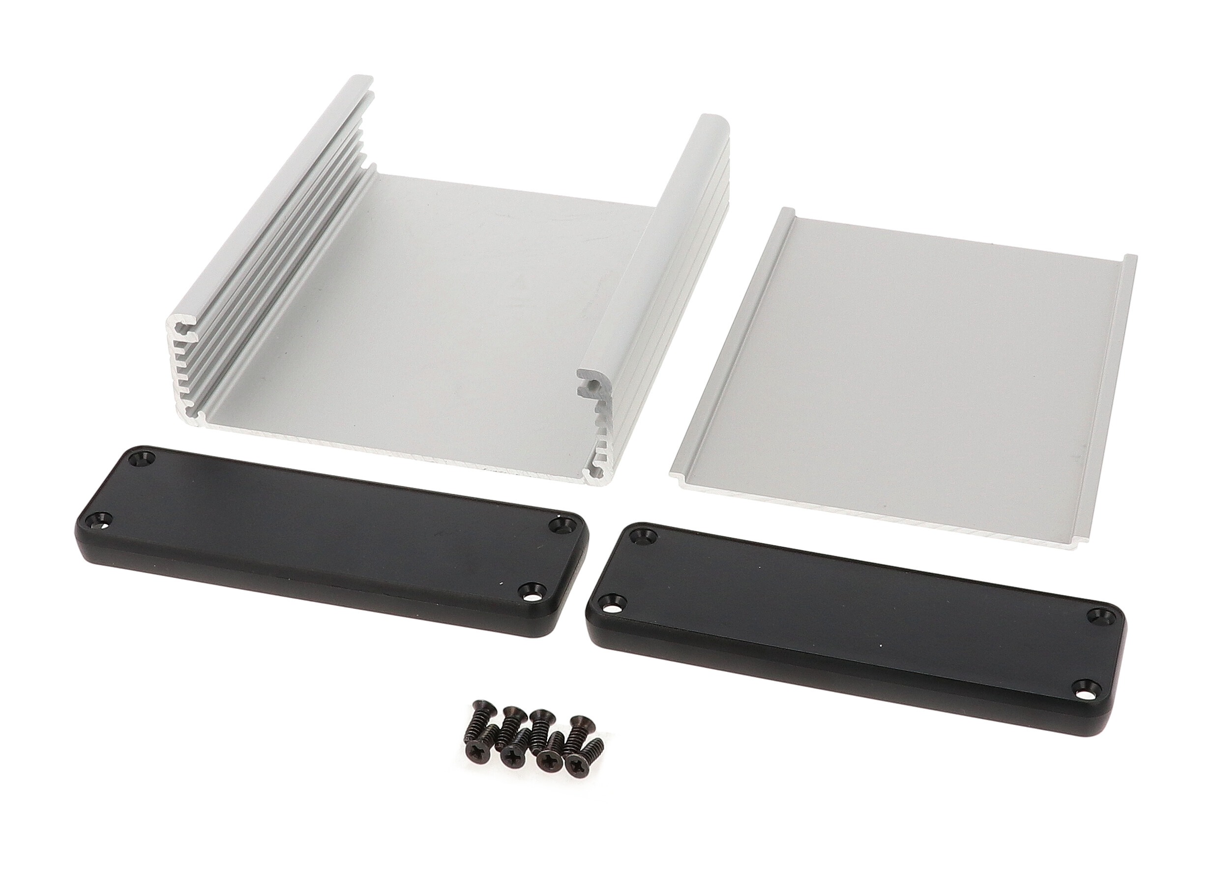 1455L1202 clear anodized extruded aluminum PC board enclosure, 120 x 103 x 30.5 mm, with black plastic end panels