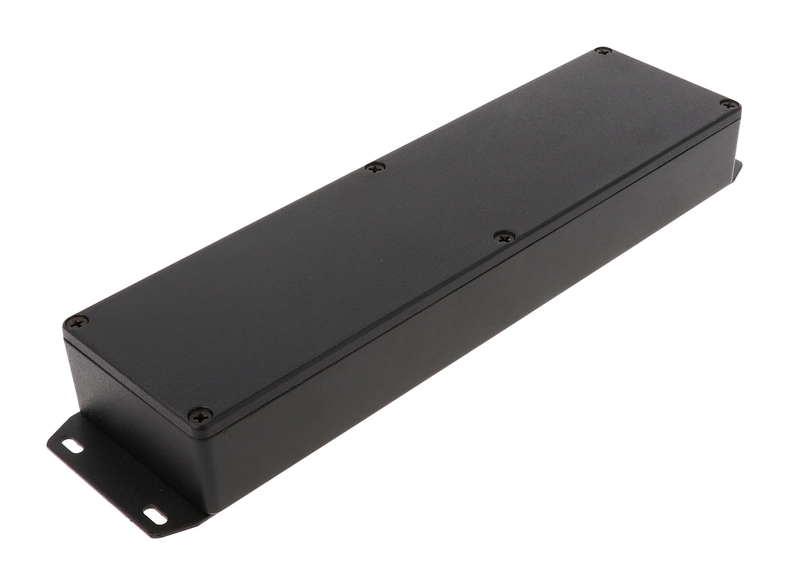 1590BX2FBK long slim black textured diecast aluminum enclosure with flanged bottom plate