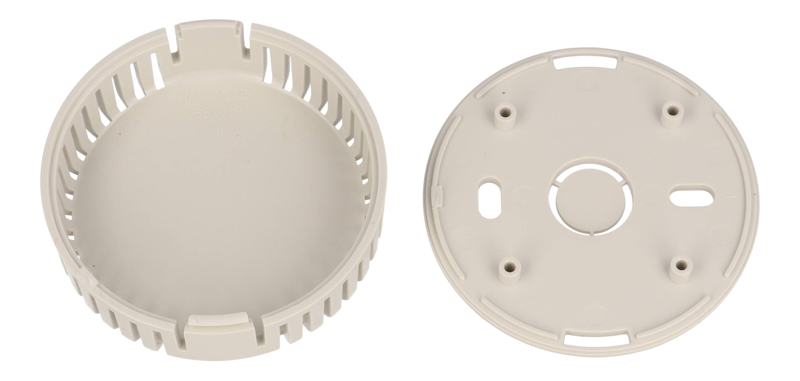 1551V12GY light gray vented round ABS snap-fit sensor enclosure with wall-mount base