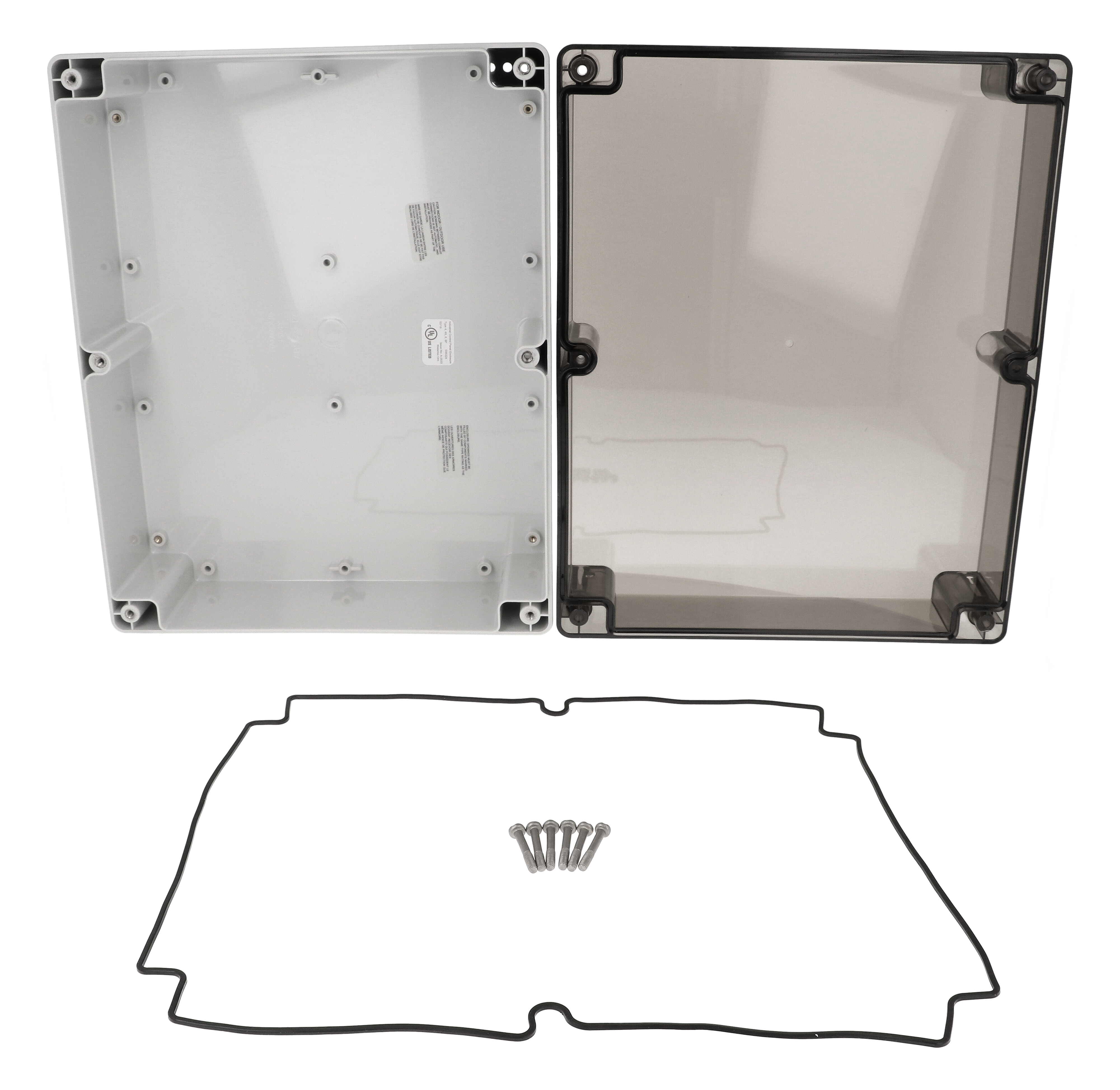 1554YA2GYSL light gray polycarbonate enclosure with smoked lid, 300 x 240 x 120 mm