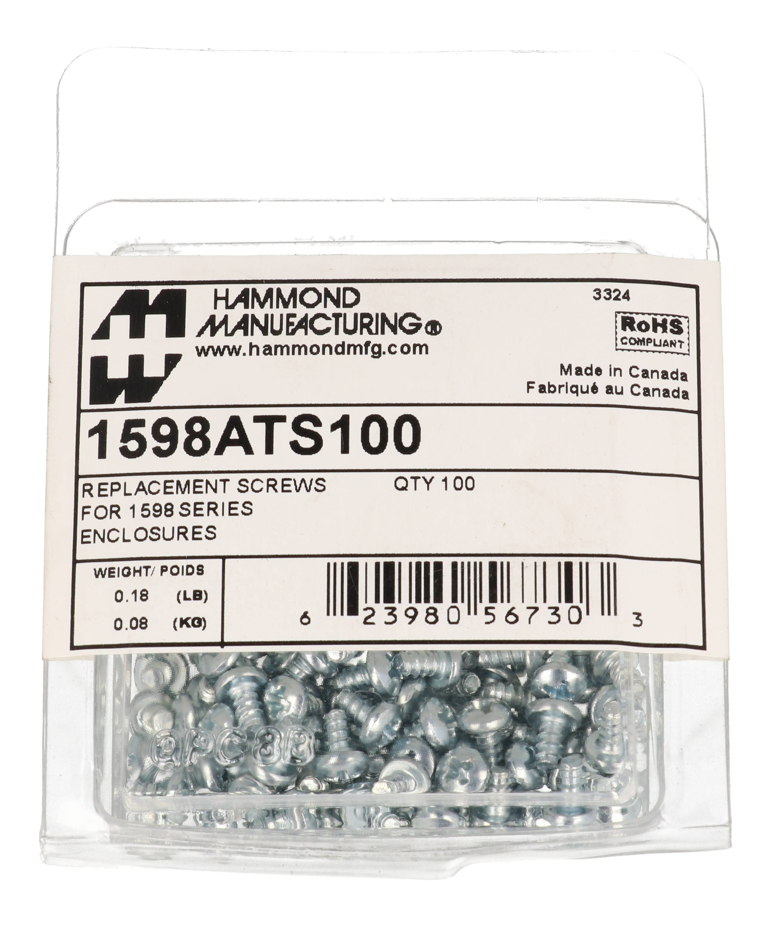 1598ATS100 100-pack of #6 x 1/4 inch self-tap PCB screws for 1598 enclosures