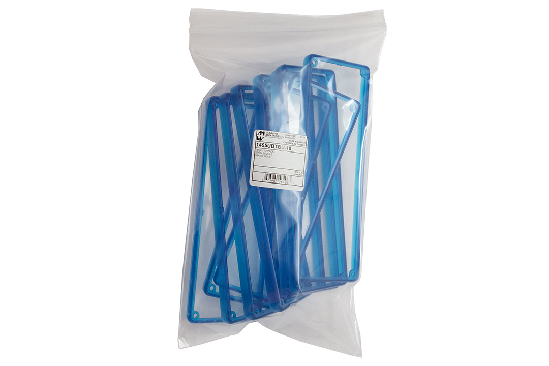 1455UBTBU-10 — transparent blue plastic open bezels for 1455U enclosures- 10/pack