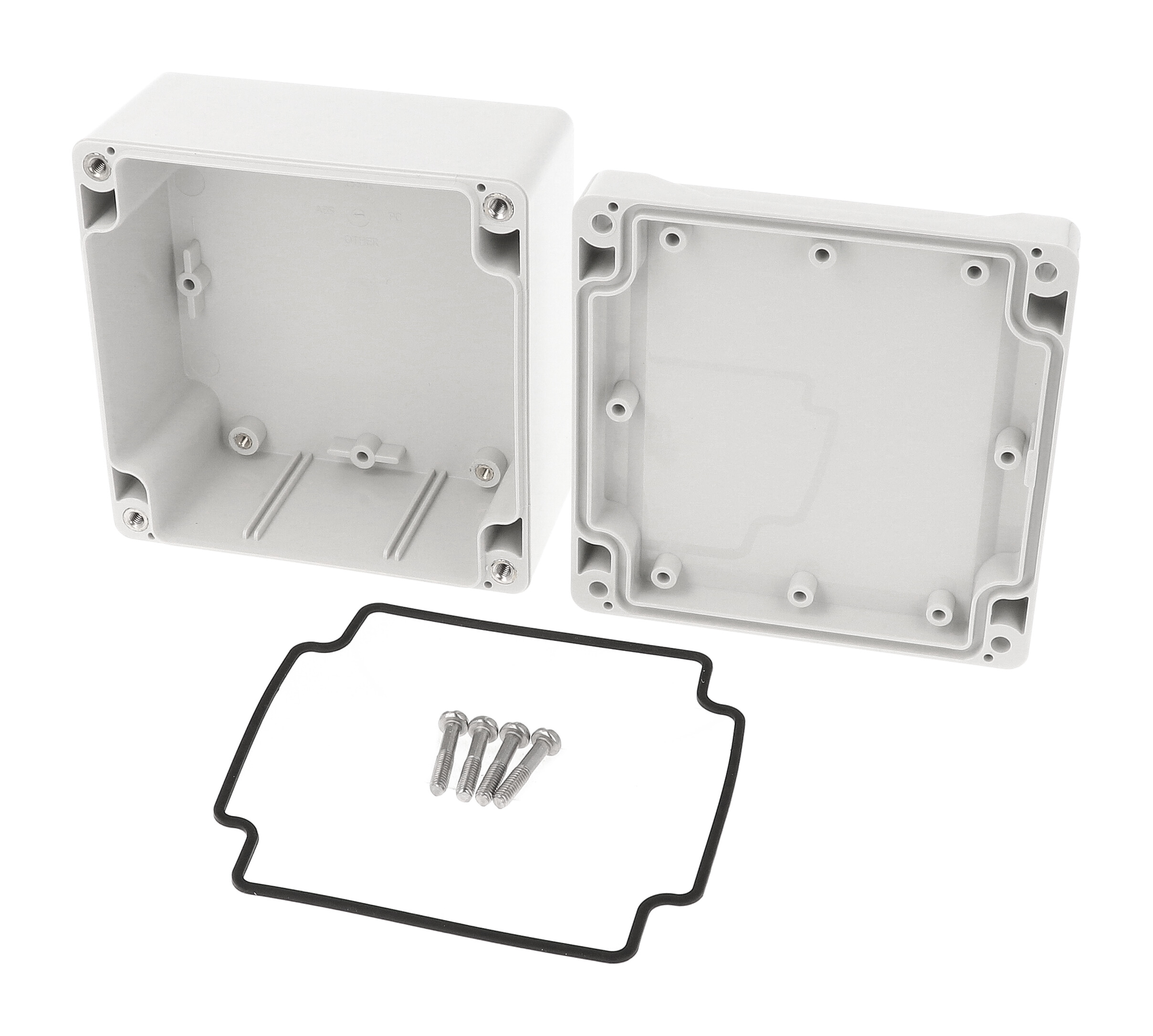 1555LGY light gray ABS watertight enclosure, 105 x 105 x 60 mm, with styled lid and corner lid screws