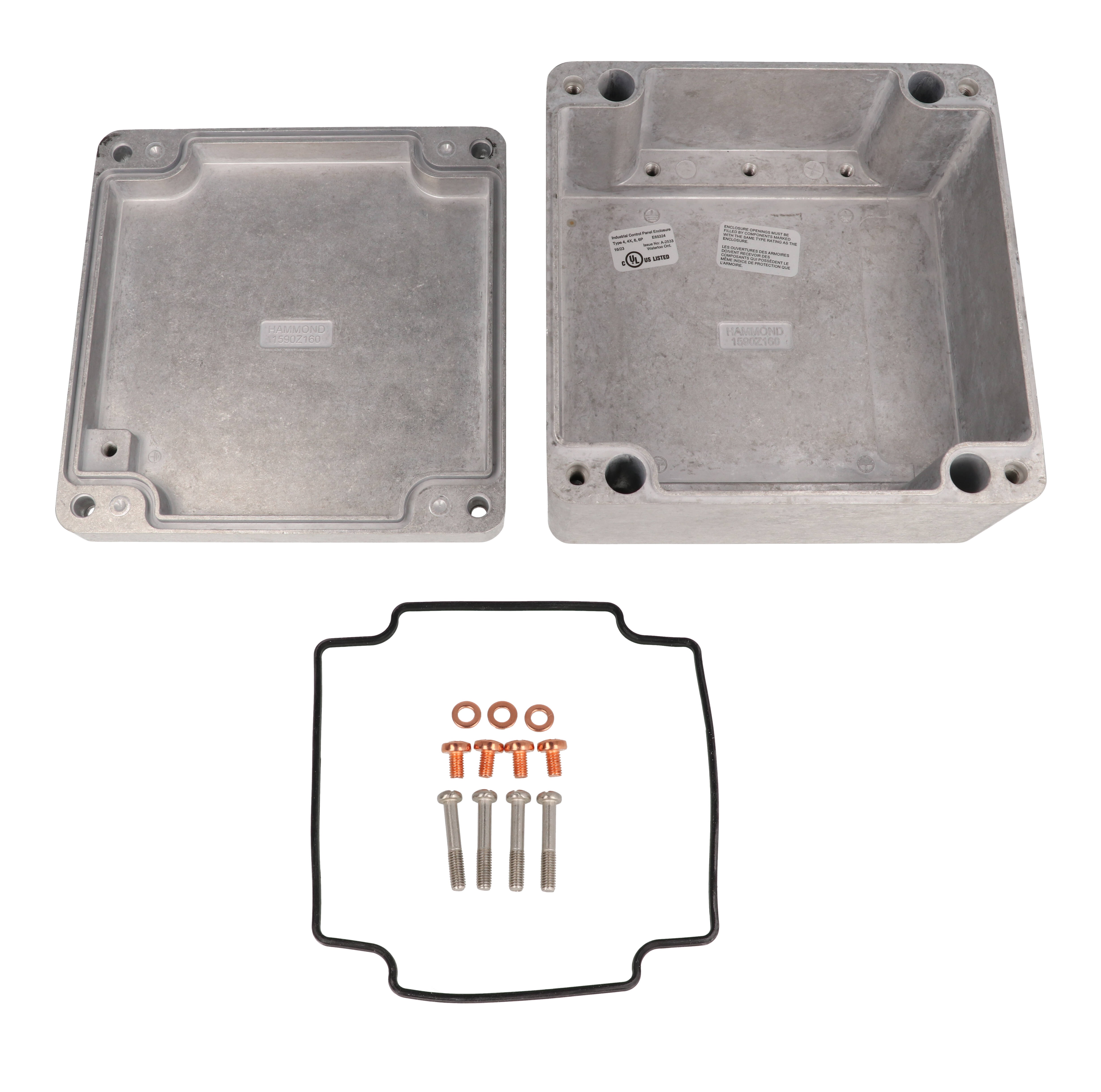 1590Z160 natural diecast aluminum enclosure, square 160 x 160 x 90 mm, with lid screws