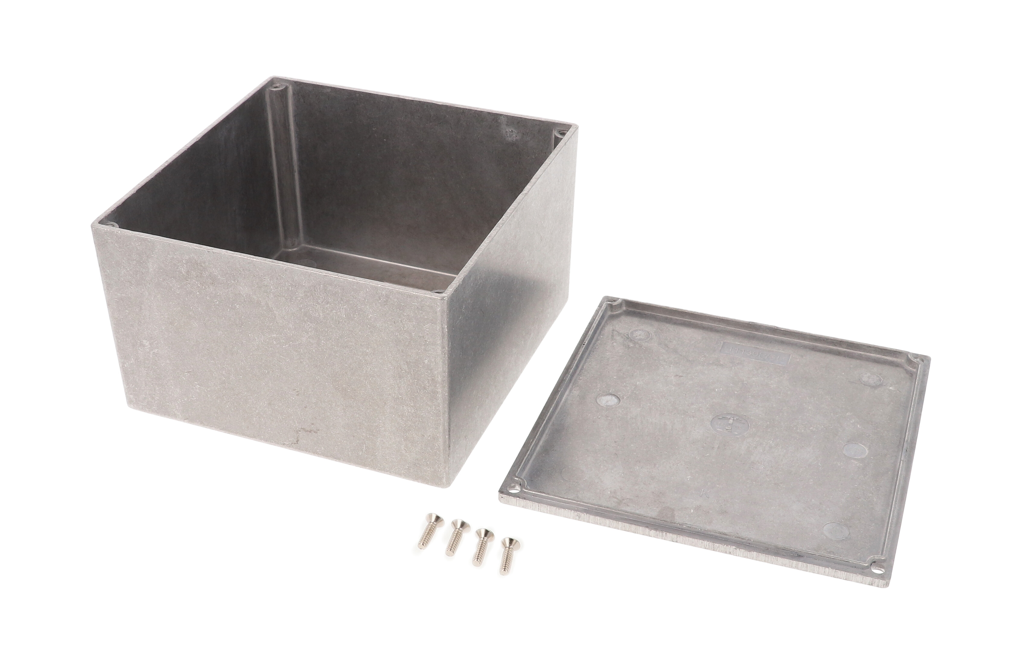 1590K natural diecast aluminum enclosure, 125 x 125 x 79 mm, with lap joint lid and cover screws