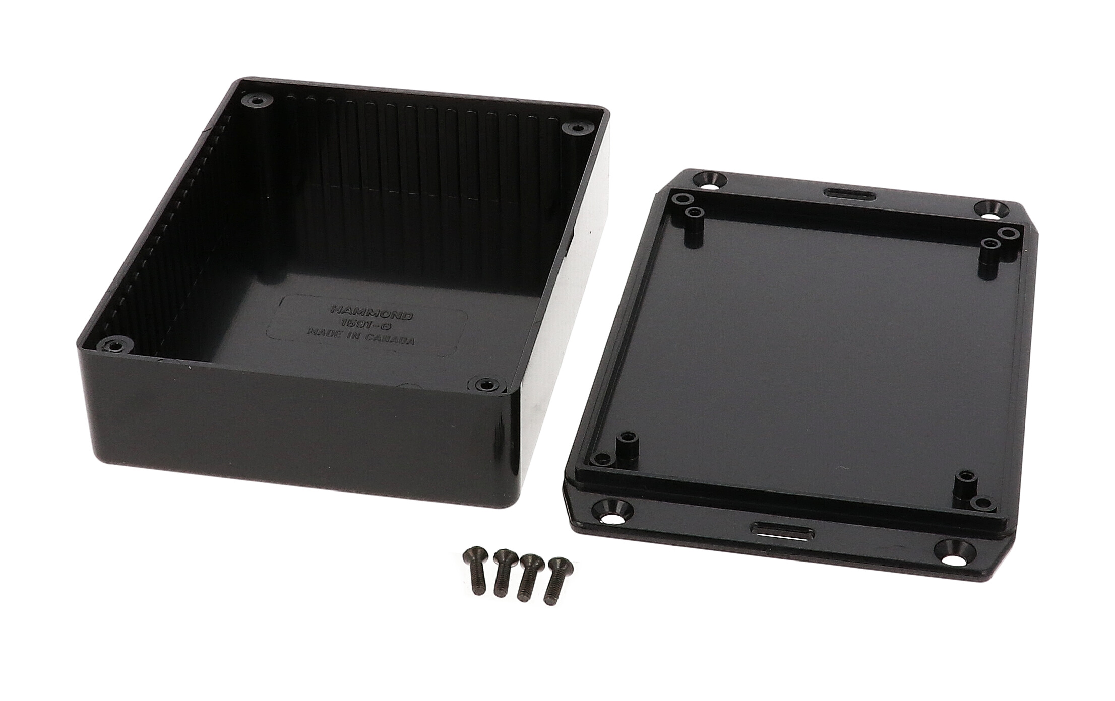 1591GSFLBK black general purpose ABS enclosure with wall mounting flanges on the lid