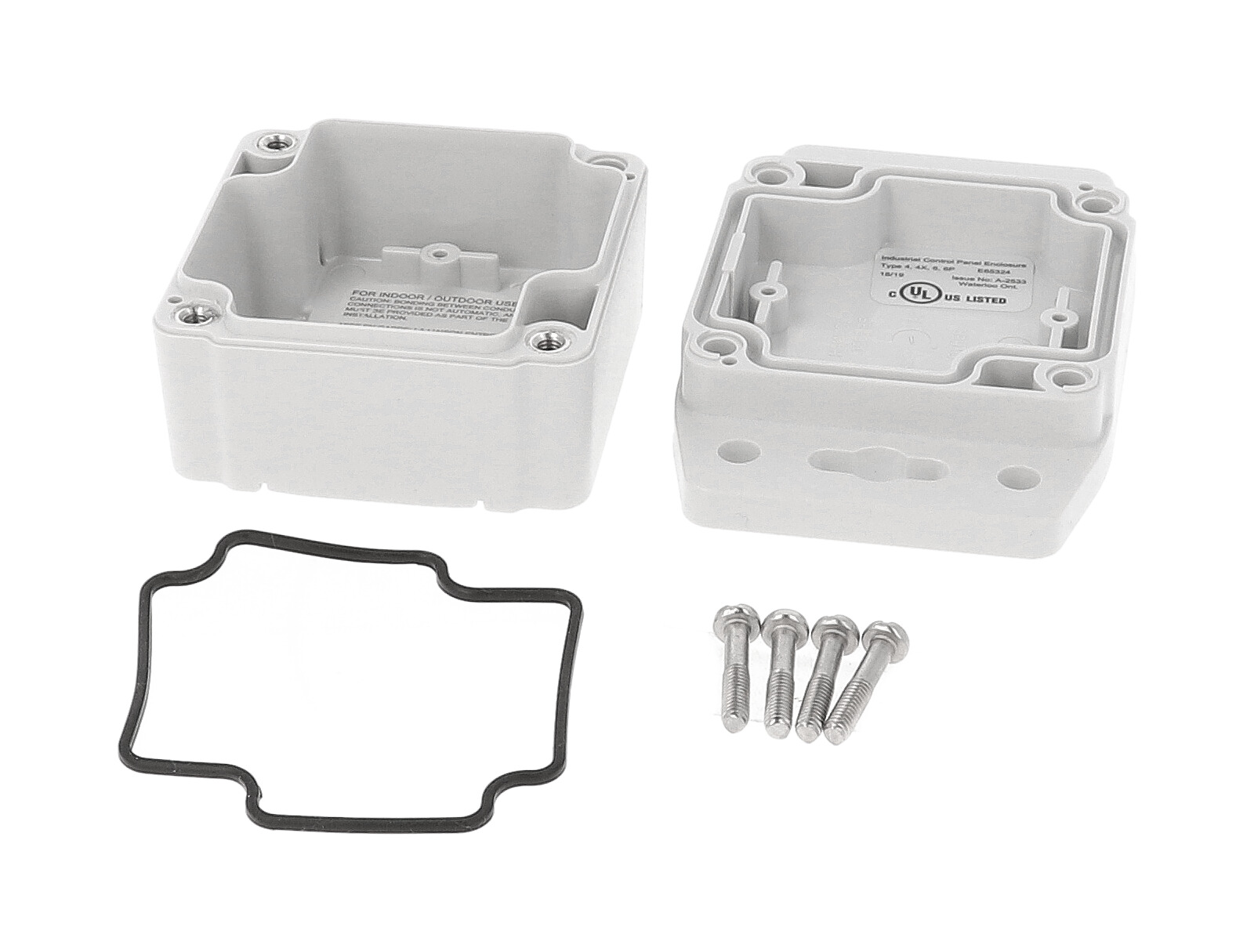 1555B2F22GY grey polycarbonate flanged enclosure, 65 x 65 x 42 mm