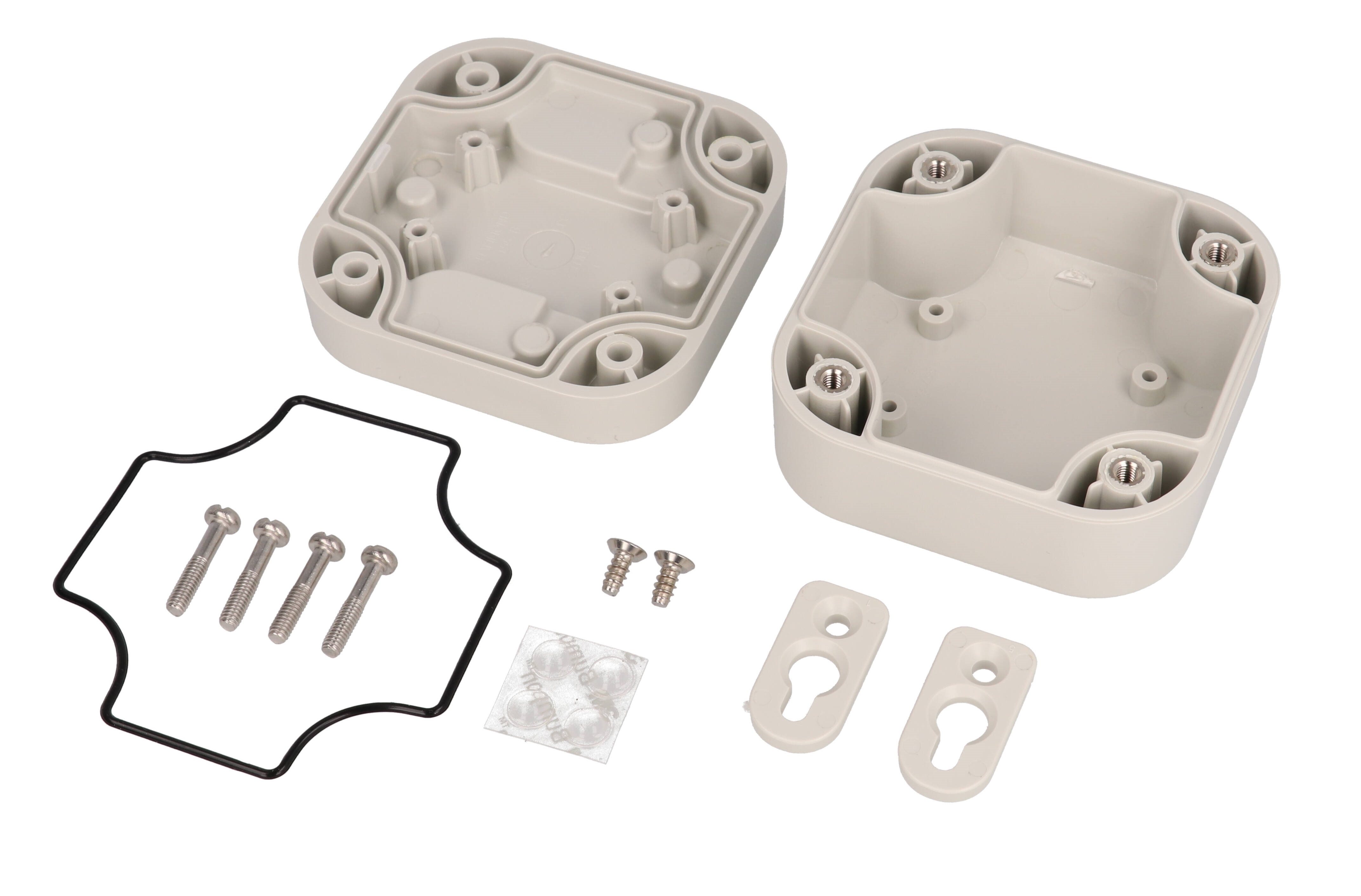 1557BGY light gray RAL7035 ABS enclosure, 80 x 80 x 45 mm, with rounded corners and stainless lid screws