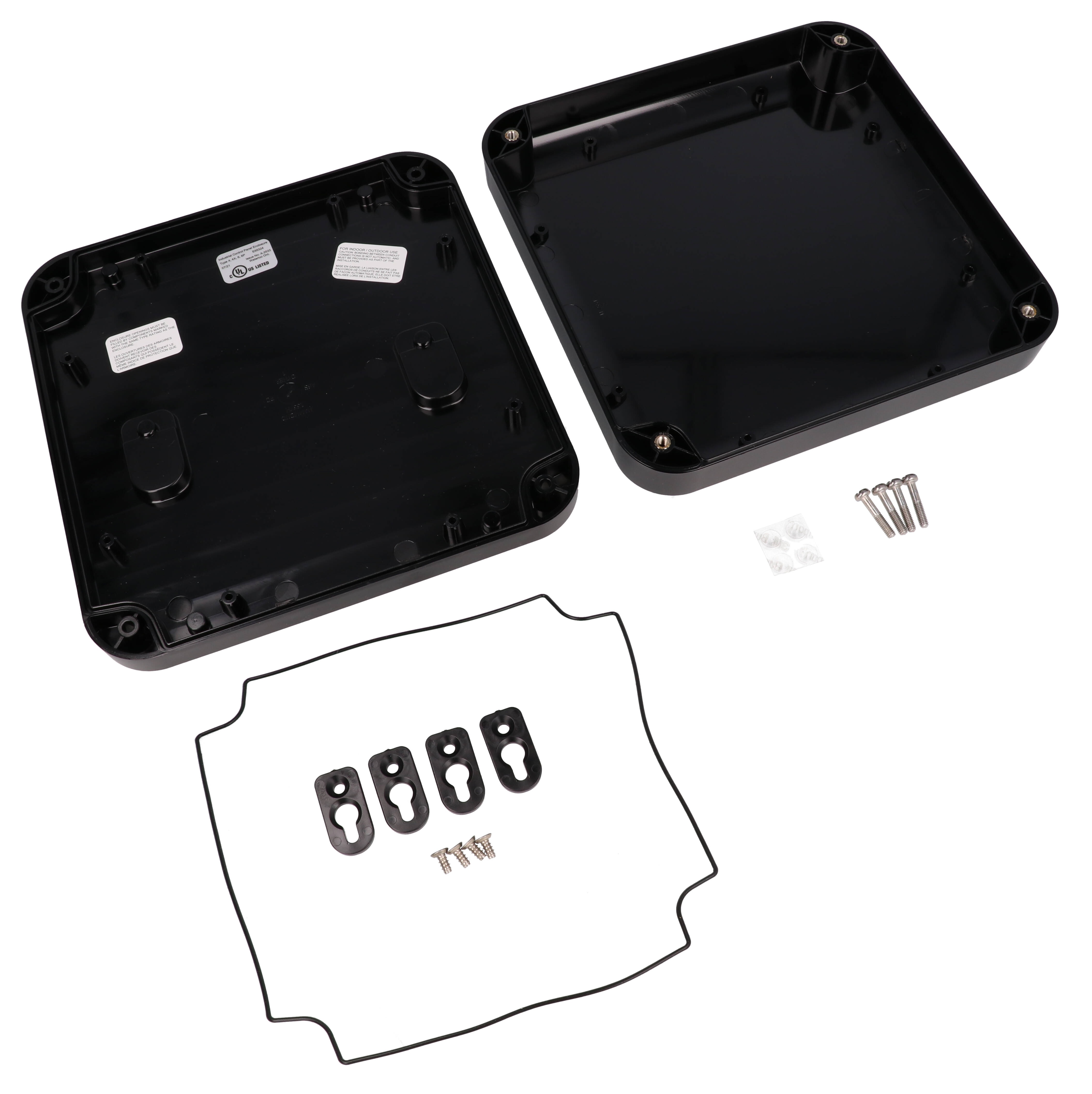 1557H2BK black polycarbonate watertight enclosure, 200 x 200 x 45 mm, low profile with rounded corners