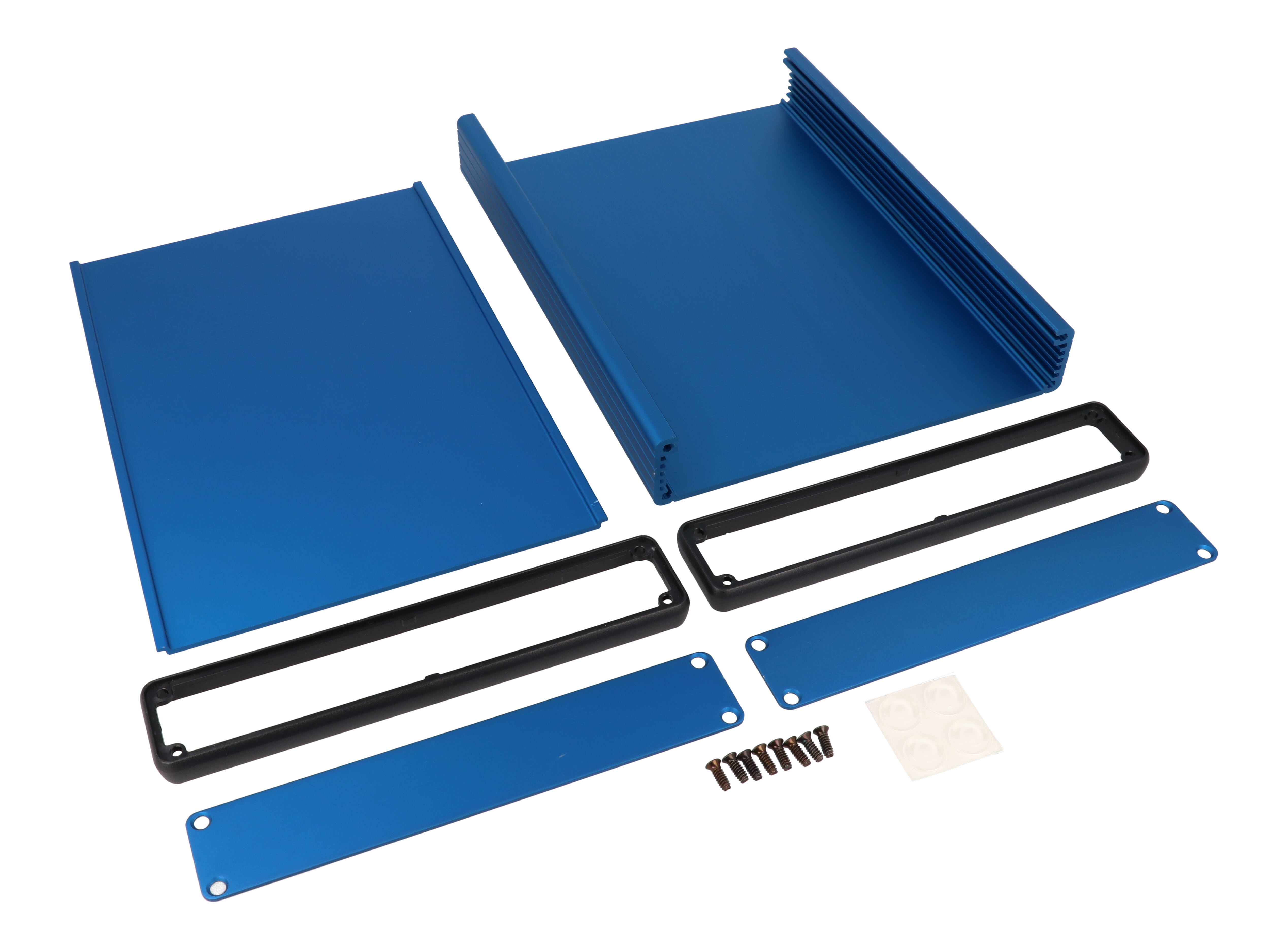 1455R2201BU blue anodized extruded aluminum PC board enclosure, 220 x 165 x 30.5 mm, with aluminum end panels and open bezels
