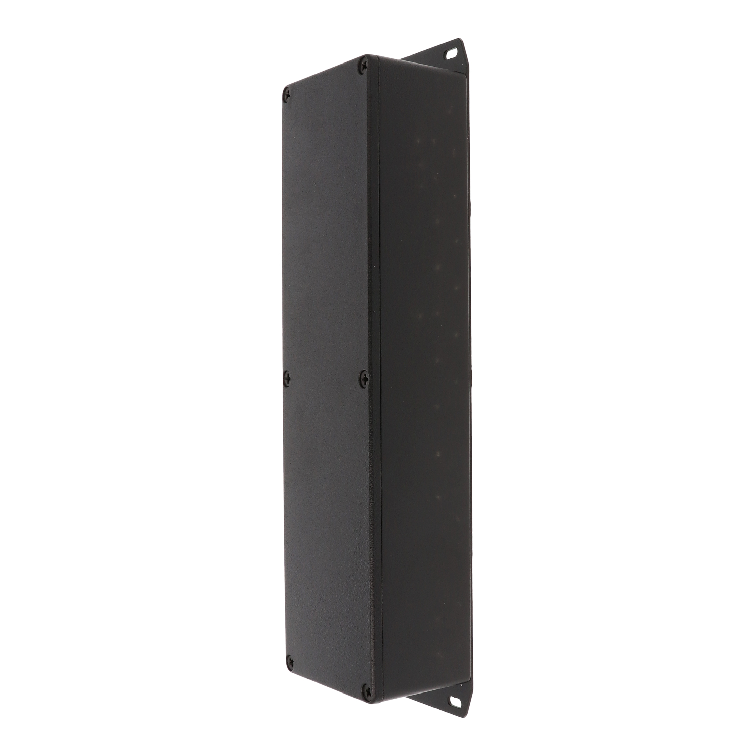 1590BXFBK textured black diecast aluminum enclosure with flanged bottom plate, 254 x 70 x 50 mm