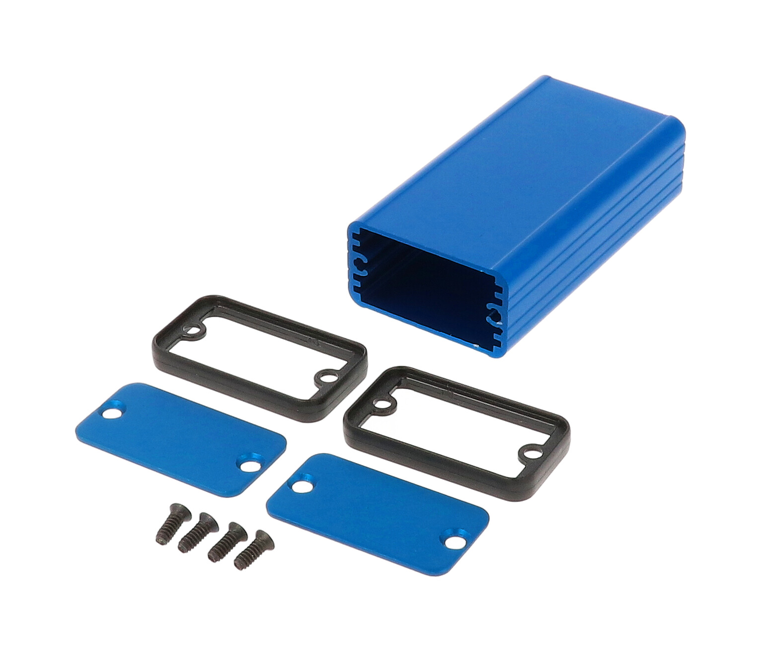 1455D801BU blue anodized extruded aluminum enclosure, 80 x 45 x 25 mm, with aluminum end panels and black open bezels