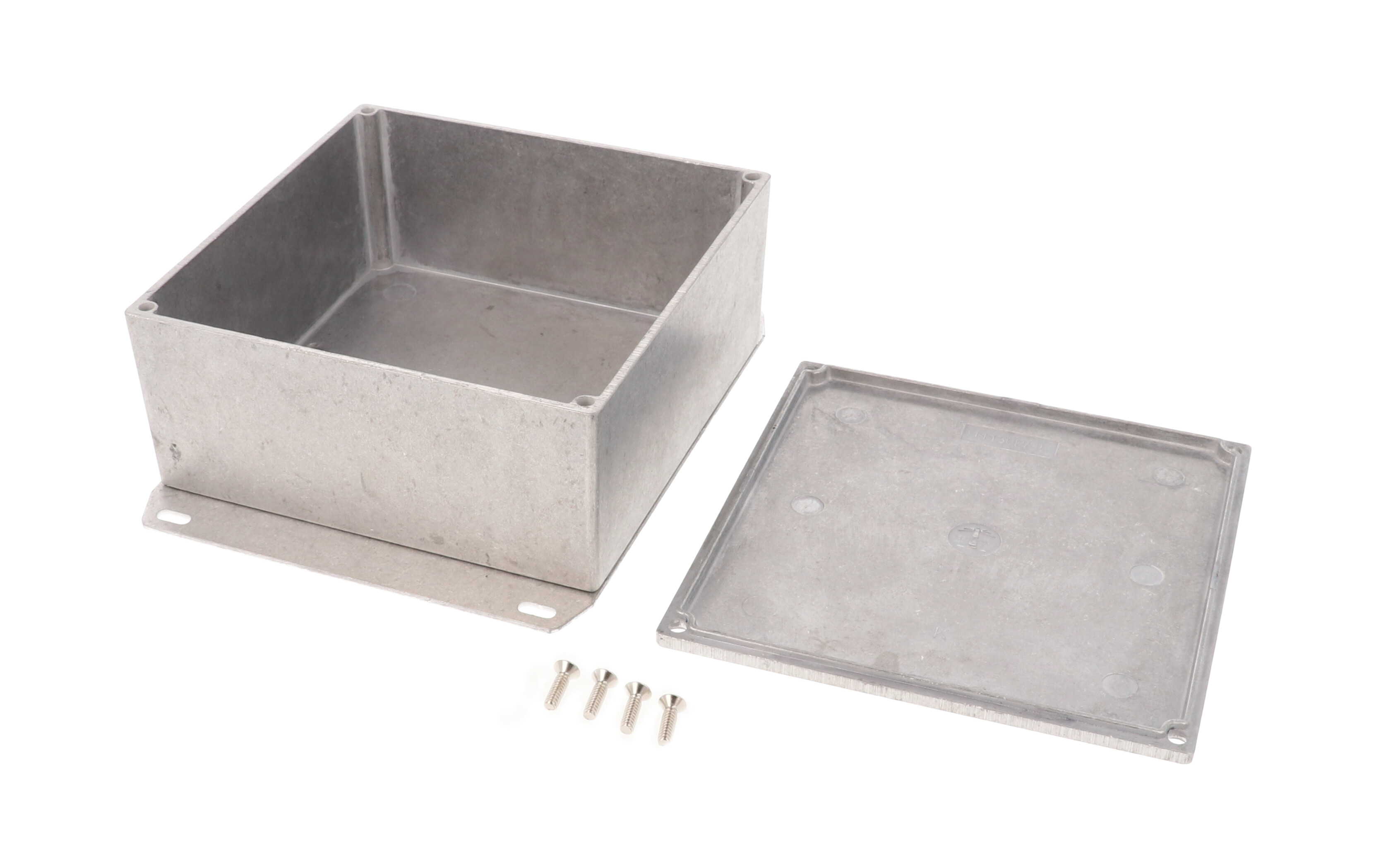 1590KKF natural diecast aluminum enclosure with welded flanged bottom plate, 125 x 125 x 57 mm