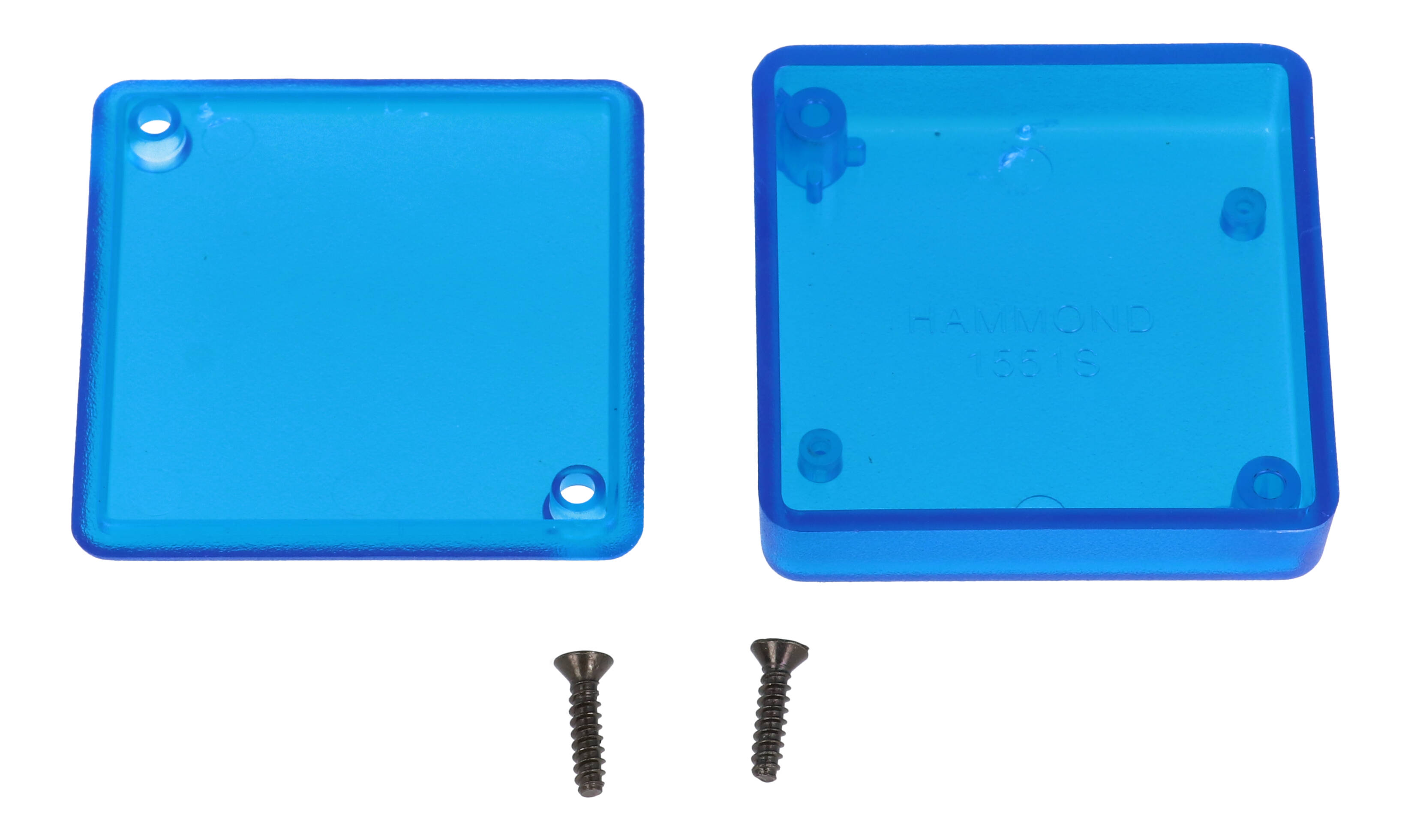 1551STBU translucent blue ABS miniature enclosure, 50 x 50 x 15 mm, low profile